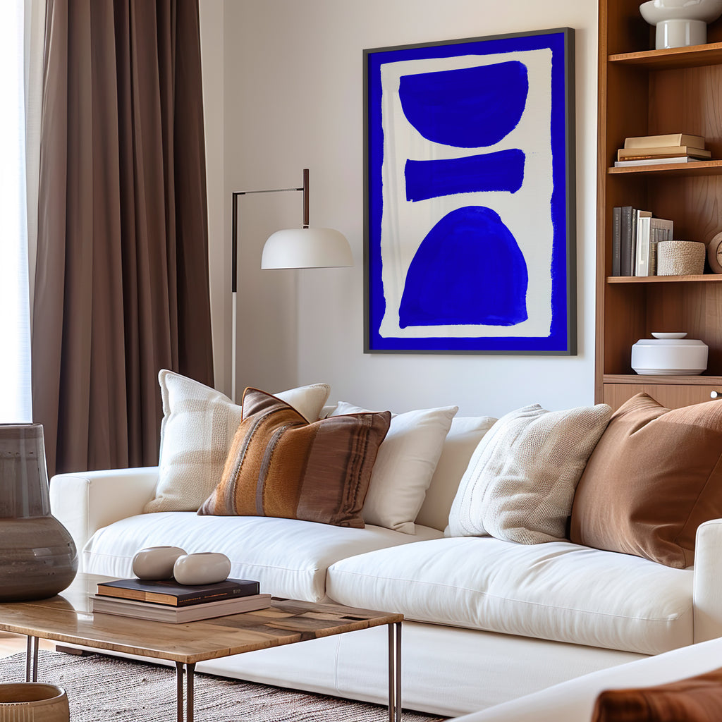 Composition in Ink 17 in blue ink displayed in a modern interior, room mockup view one – abstract giclée wall art, 40×60 cm, portrait format, Open Wall Studio