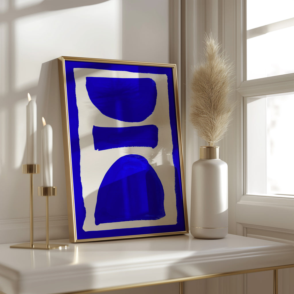 Composition in Ink 17 in blue ink displayed in a modern interior, room mockup view two – abstract giclée wall art, 40×60 cm, portrait format, Open Wall Studio