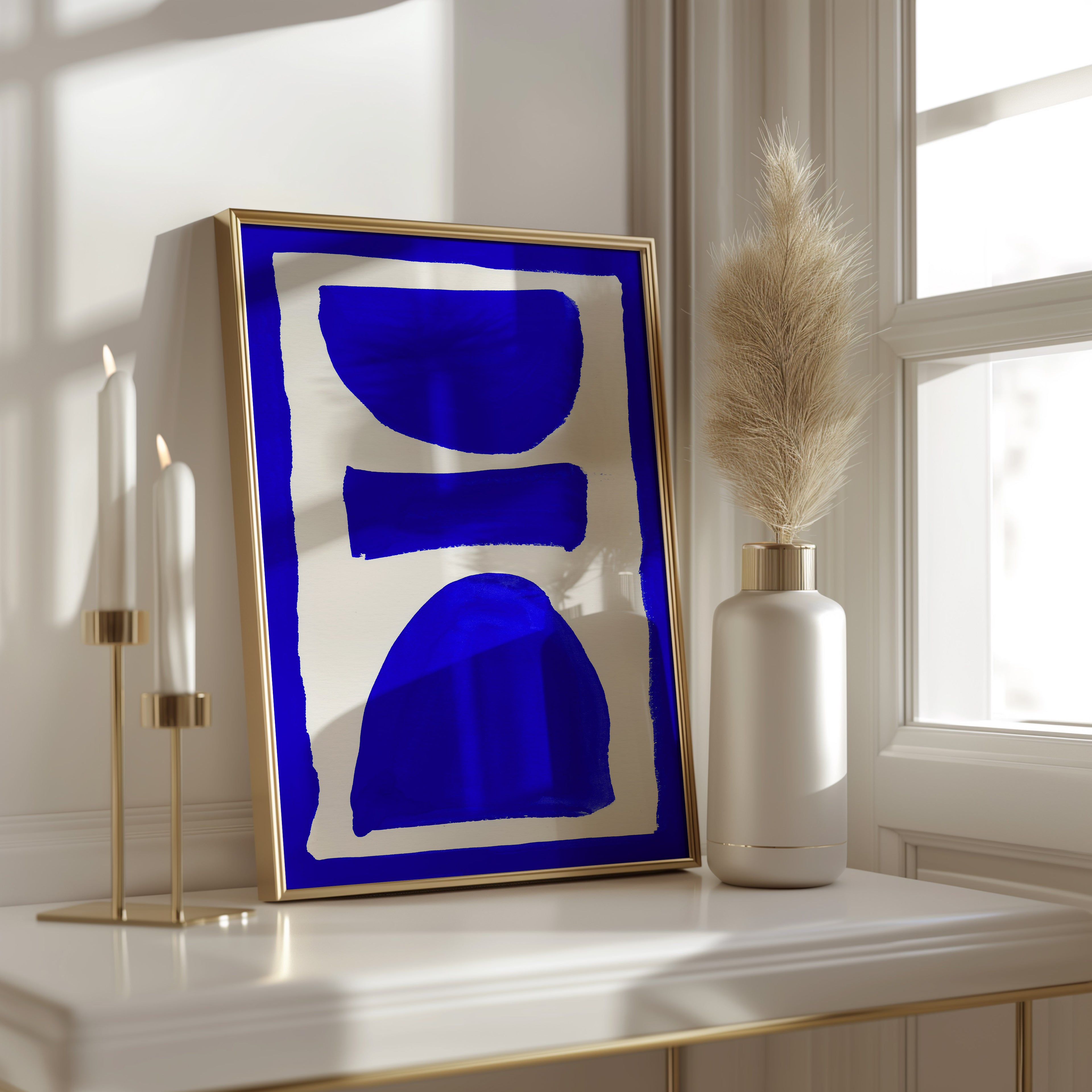Composition in Ink 17 in blue ink displayed in a modern interior, room mockup view two – abstract giclée wall art, 60×90 cm, portrait format, Open Wall Studio