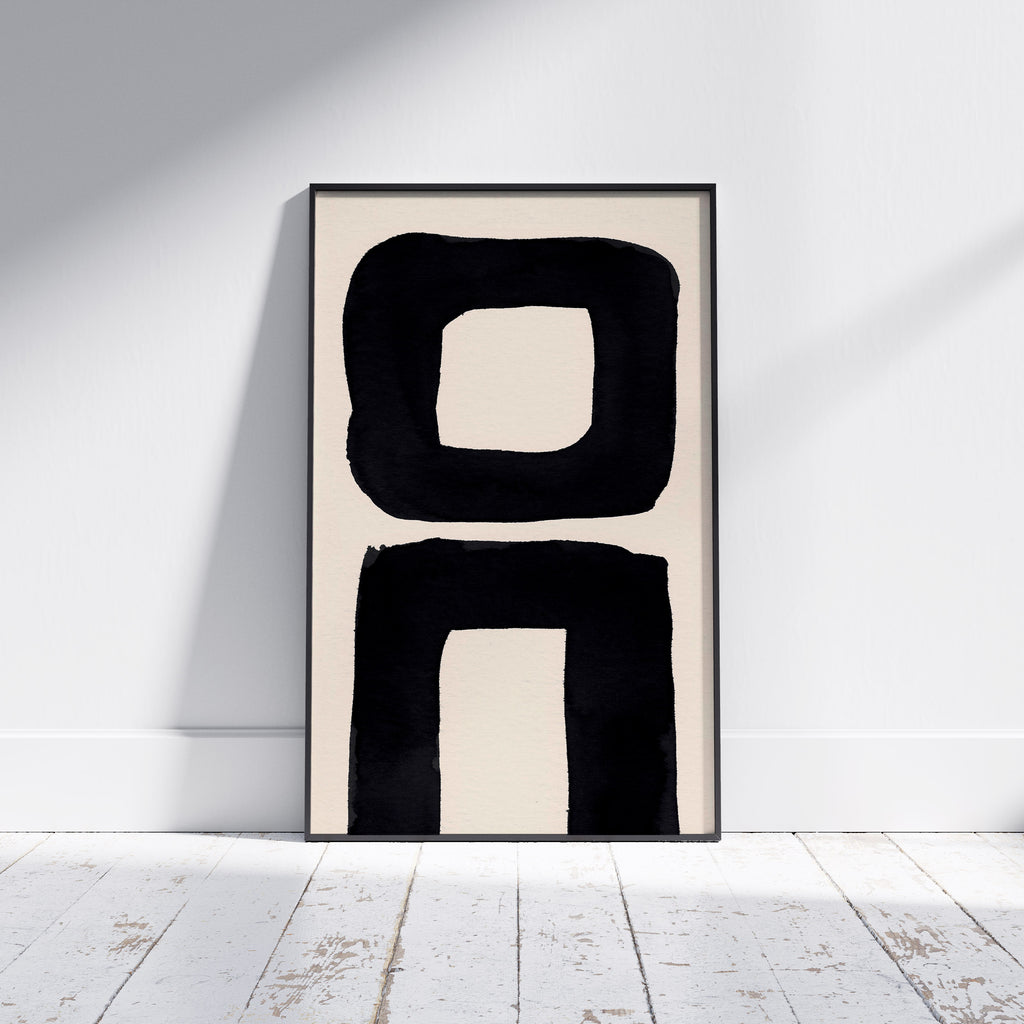 Composition in Ink 21 framed art print in black ink – contemporary abstract giclée print shown in frame, portrait format, 40×60 cm, no scale reference, Open Wall Studio