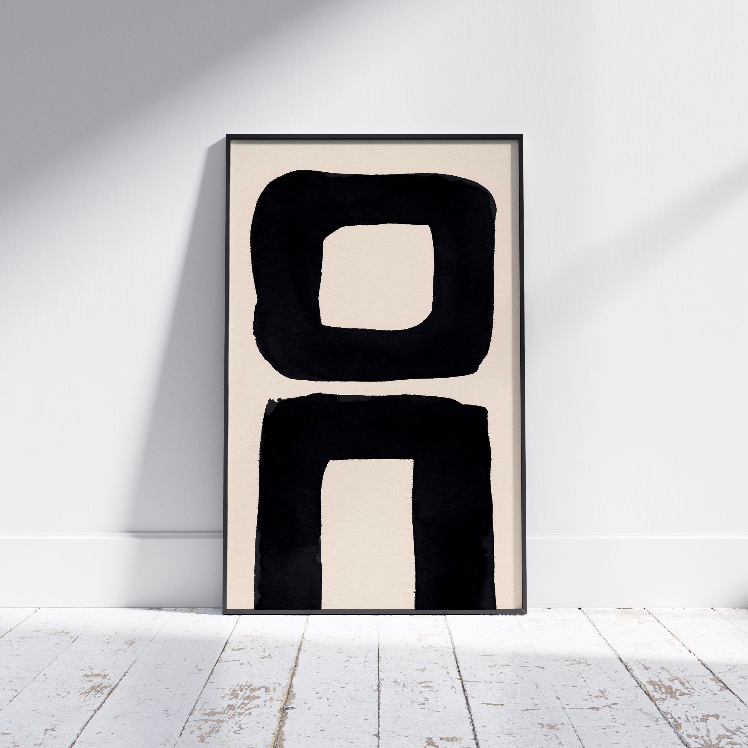 Composition in Ink 21 framed art print in black ink – contemporary abstract giclée print shown in frame, portrait format, 60×90 cm, no scale reference, Open Wall Studio