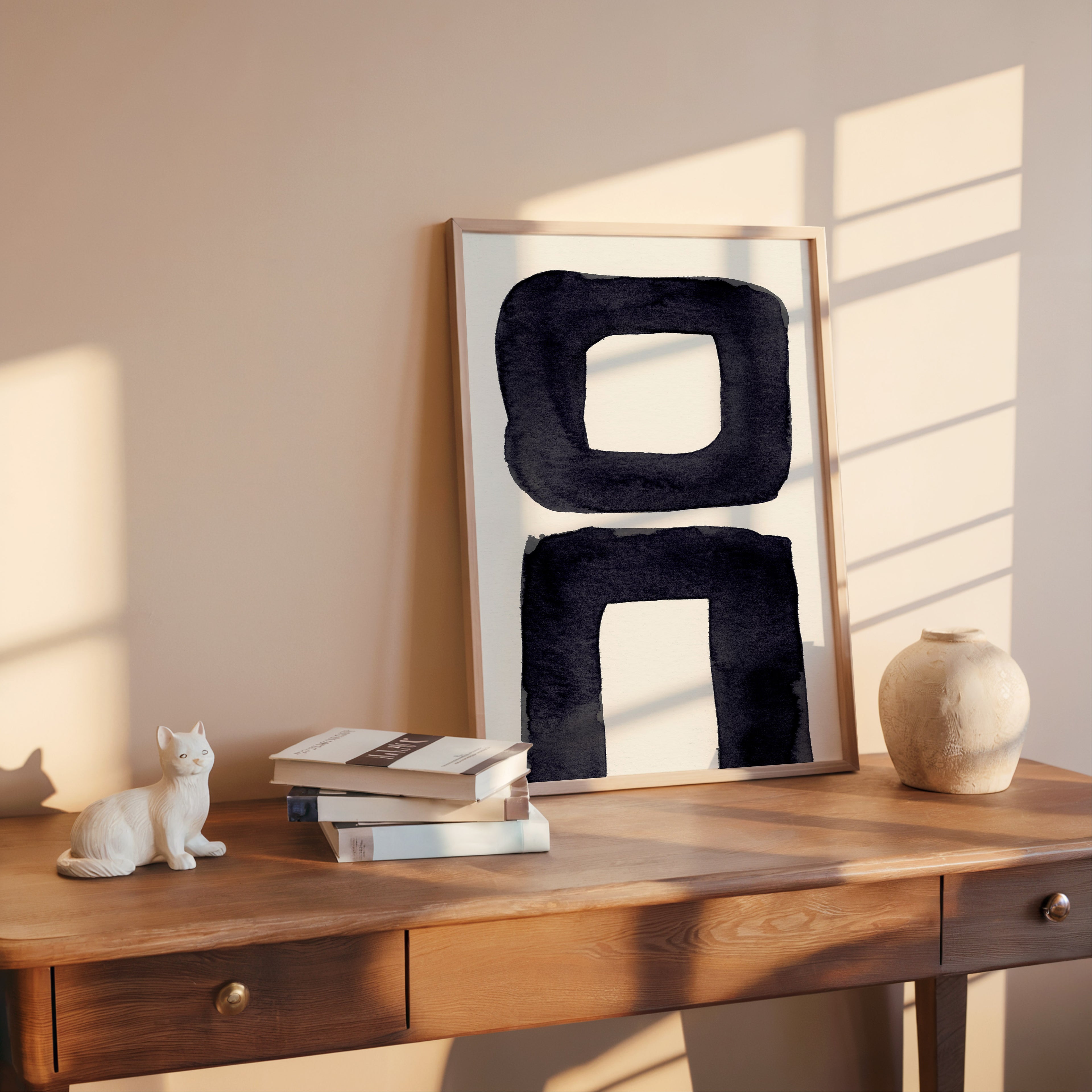 Composition in Ink 21 in black ink displayed in a modern interior, room mockup view one – abstract giclée wall art, 40×60 cm, portrait format, Open Wall Studio