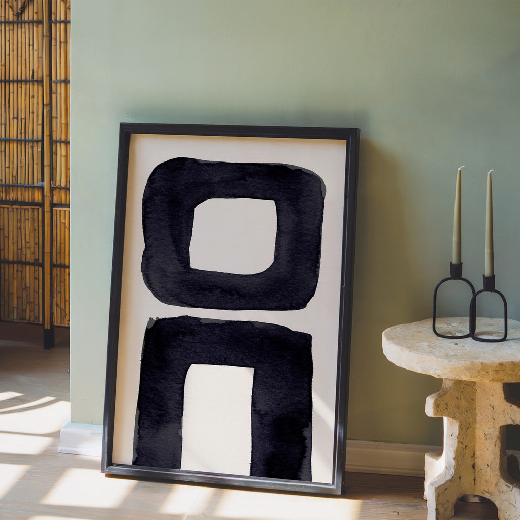 Composition in Ink 21 in black ink displayed in a modern interior, room mockup view two – abstract giclée wall art, 60×90 cm, portrait format, Open Wall Studio
