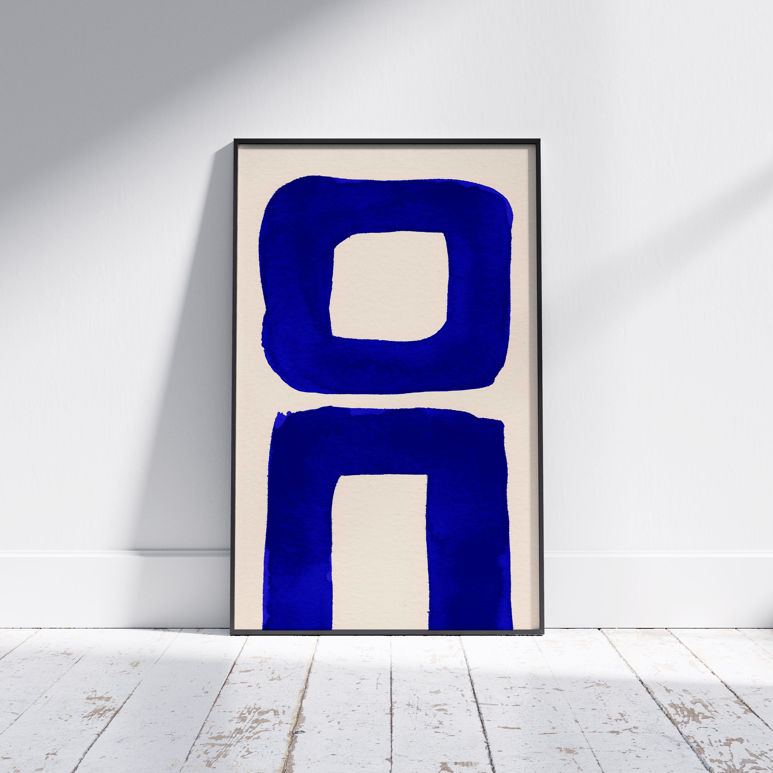 Composition in Ink 21 framed art print in blue ink – contemporary abstract giclée print shown in frame, portrait format, 40×60 cm, no scale reference, Open Wall Studio