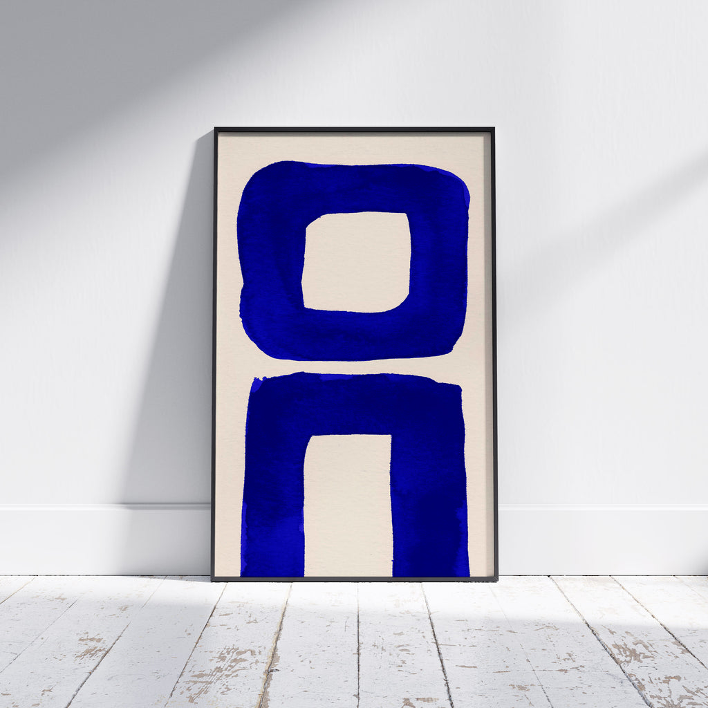 Composition in Ink 21 framed art print in blue ink – contemporary abstract giclée print shown in frame, portrait format, 60×90 cm, no scale reference, Open Wall Studio