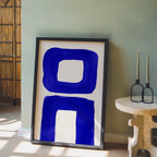 Composition in Ink 21 in blue ink displayed in a modern interior, room mockup view two – abstract giclée wall art, 40×60 cm, portrait format, Open Wall Studio