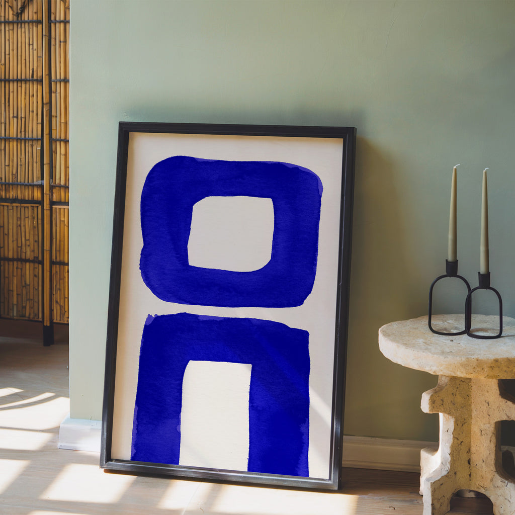 Composition in Ink 21 in blue ink displayed in a modern interior, room mockup view two – abstract giclée wall art, 60×90 cm, portrait format, Open Wall Studio