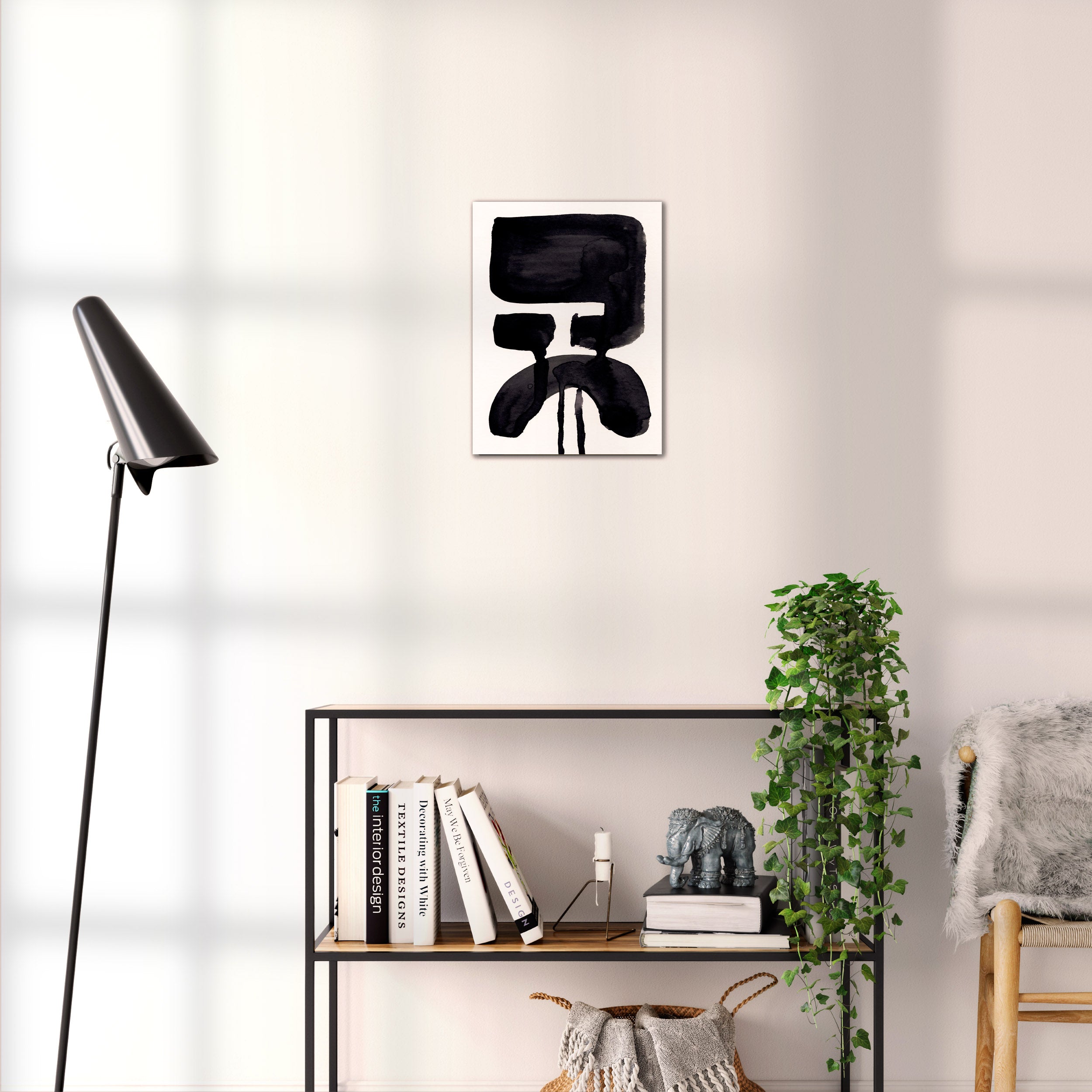 Composition in Ink 20 black ink, 30×40 cm giclée art print shown to scale in a home interior – abstract minimalist wall art, portrait format, Open Wall Studio Studies in Ink