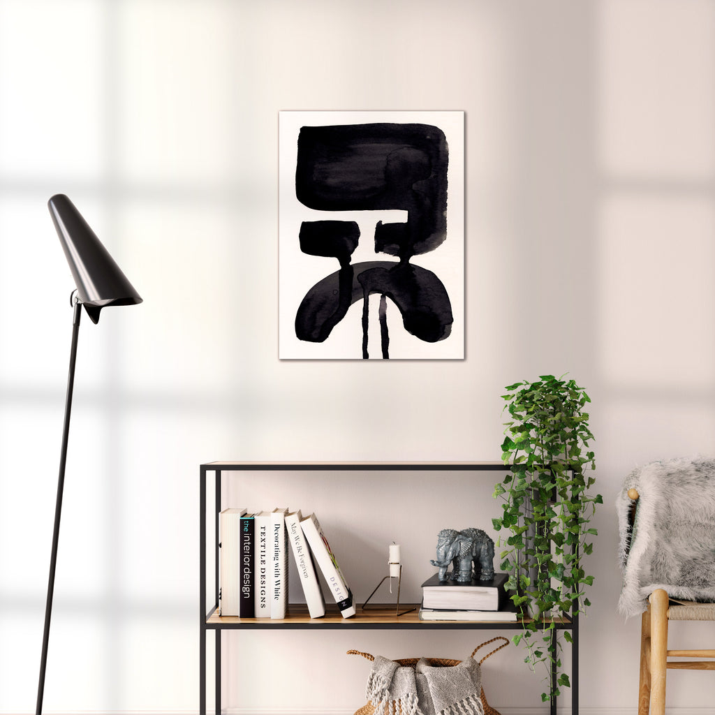 Composition in Ink 20 black ink, 45×60 cm giclée art print shown to scale in a home interior – abstract minimalist wall art, portrait format, Open Wall Studio Studies in Ink