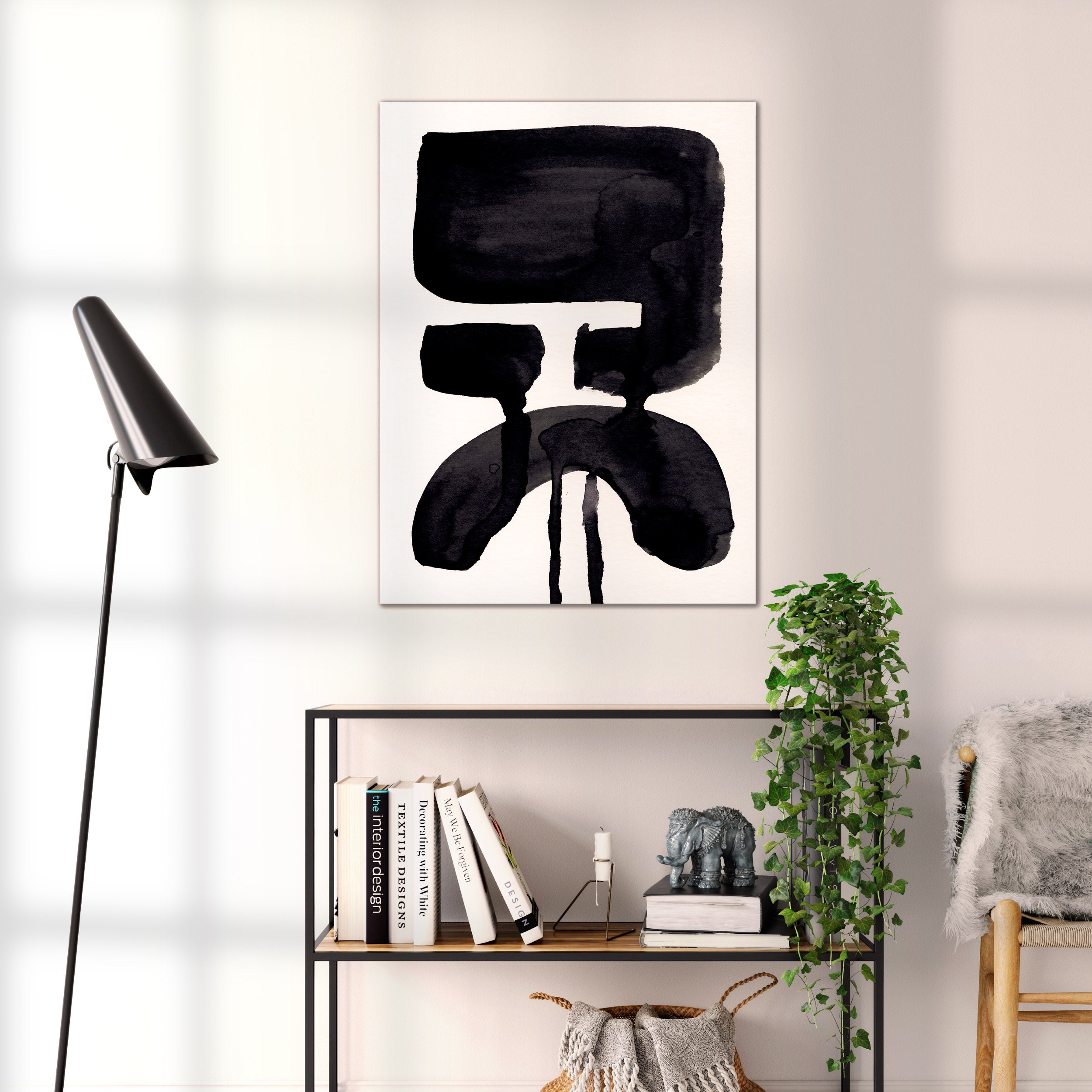 Composition in Ink 20 black ink, 60×80 cm giclée art print shown to scale in a home interior – abstract minimalist wall art, portrait format, Open Wall Studio Studies in Ink