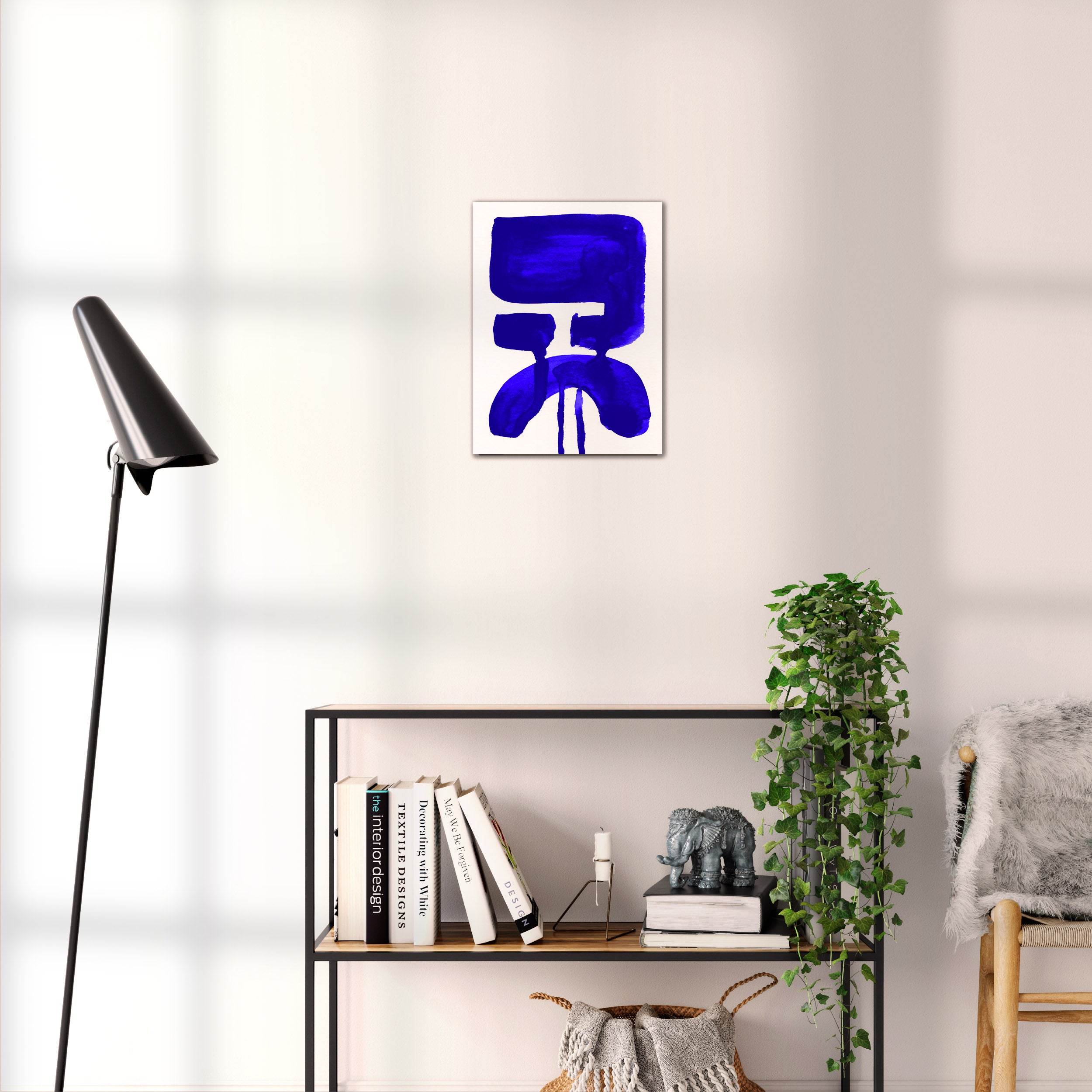 Composition in Ink 20 blue ink, 30×40 cm giclée art print shown to scale in a home interior – abstract minimalist wall art, portrait format, Open Wall Studio Studies in Ink