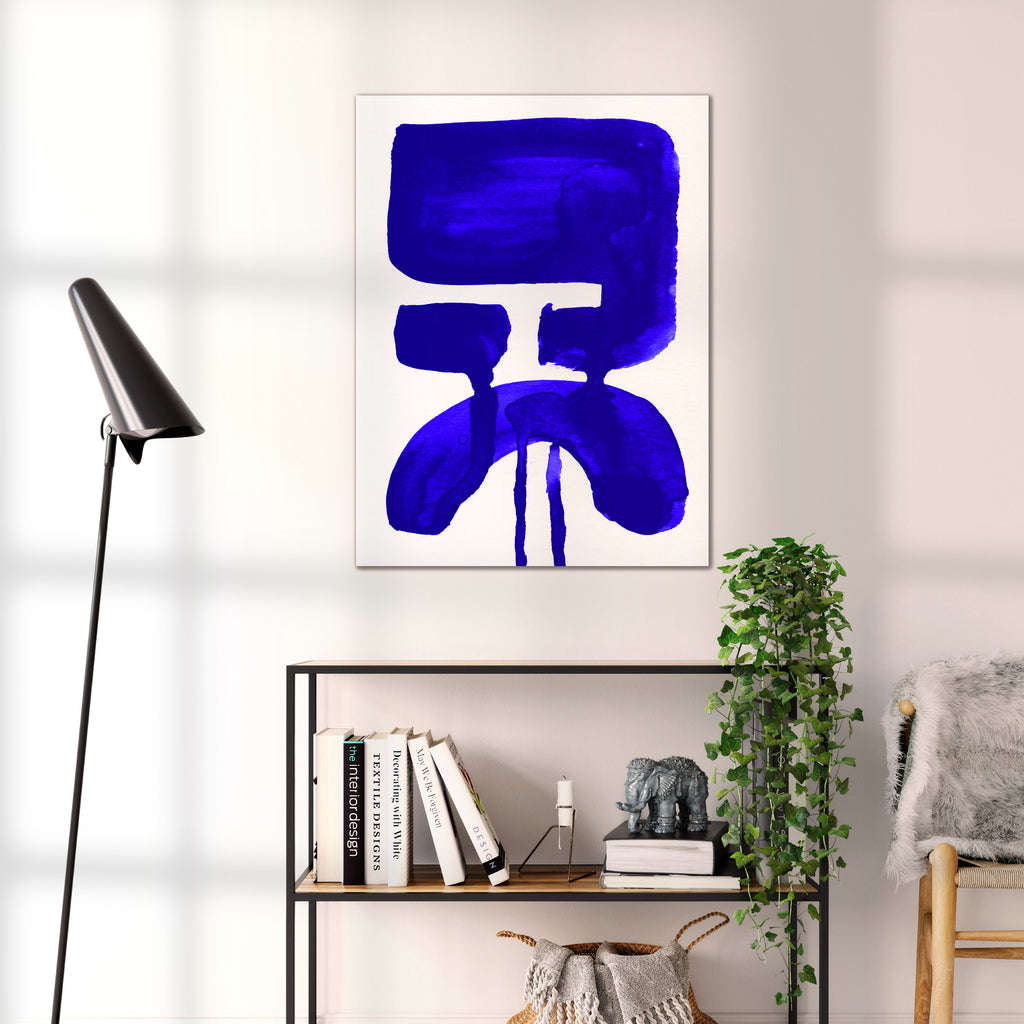 Composition in Ink 20 blue ink, 60×80 cm giclée art print shown to scale in a home interior – abstract minimalist wall art, portrait format, Open Wall Studio Studies in Ink