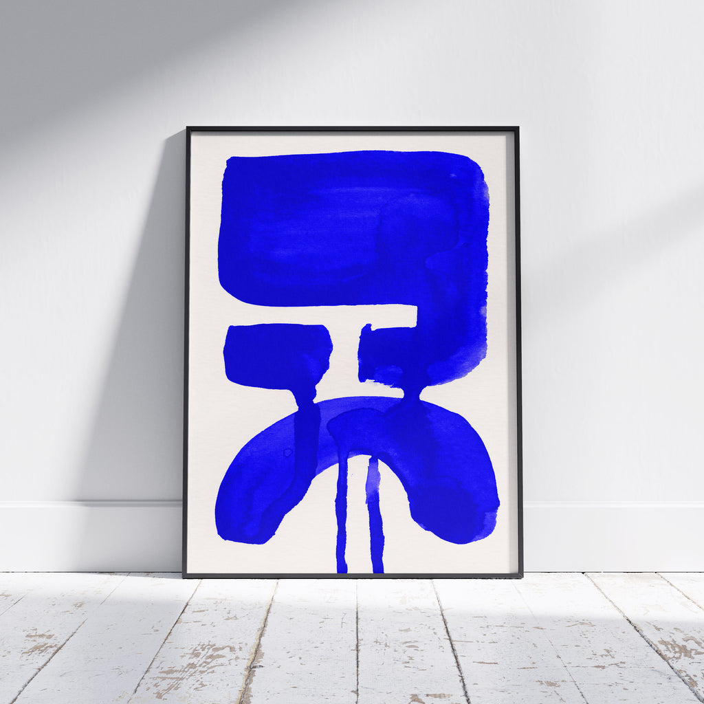 Composition in Ink 20 framed art print in blue ink – contemporary abstract giclée print shown in frame, portrait format, 45×60 cm, no scale reference, Open Wall Studio