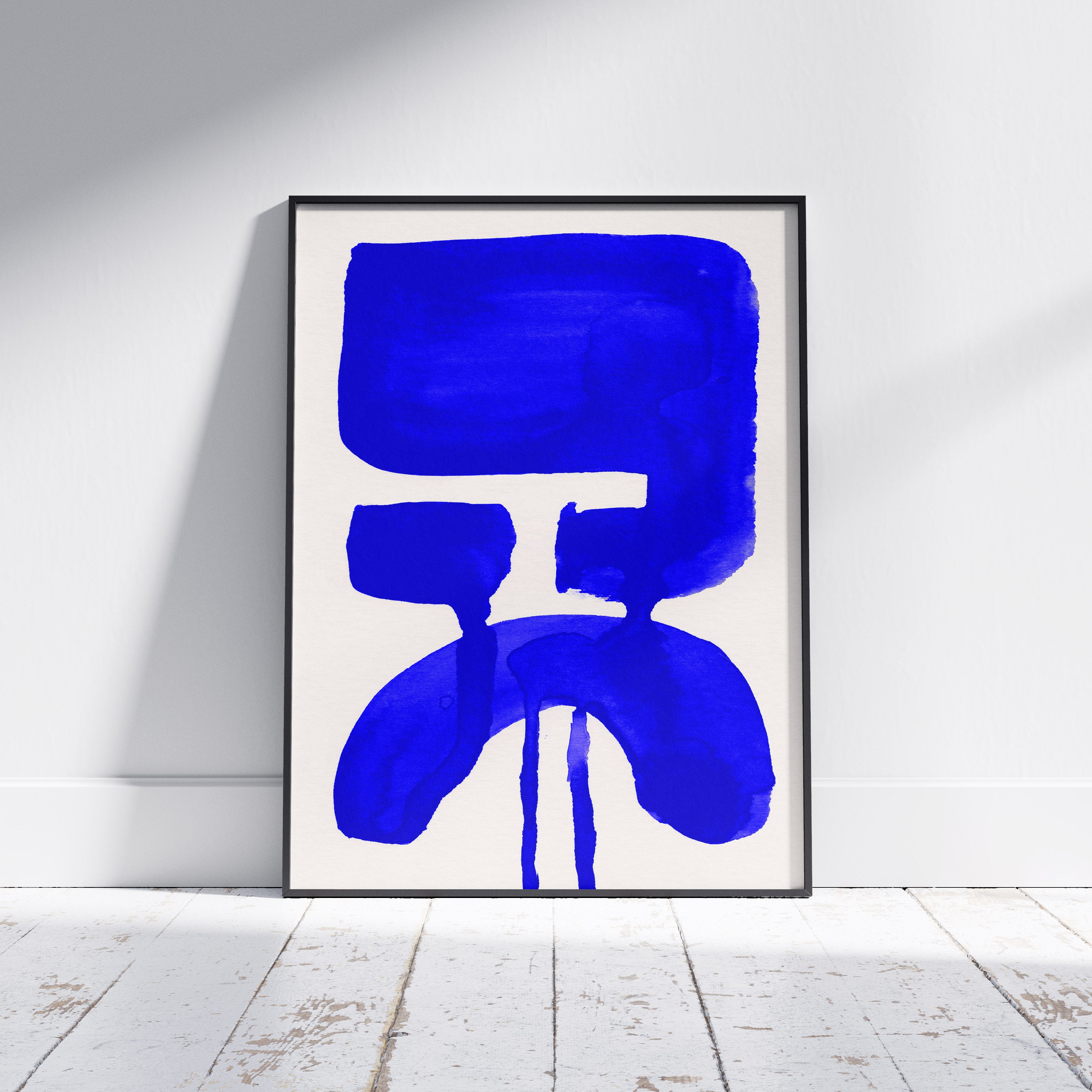 Composition in Ink 20 framed art print in blue ink – contemporary abstract giclée print shown in frame, portrait format, 60×80 cm, no scale reference, Open Wall Studio