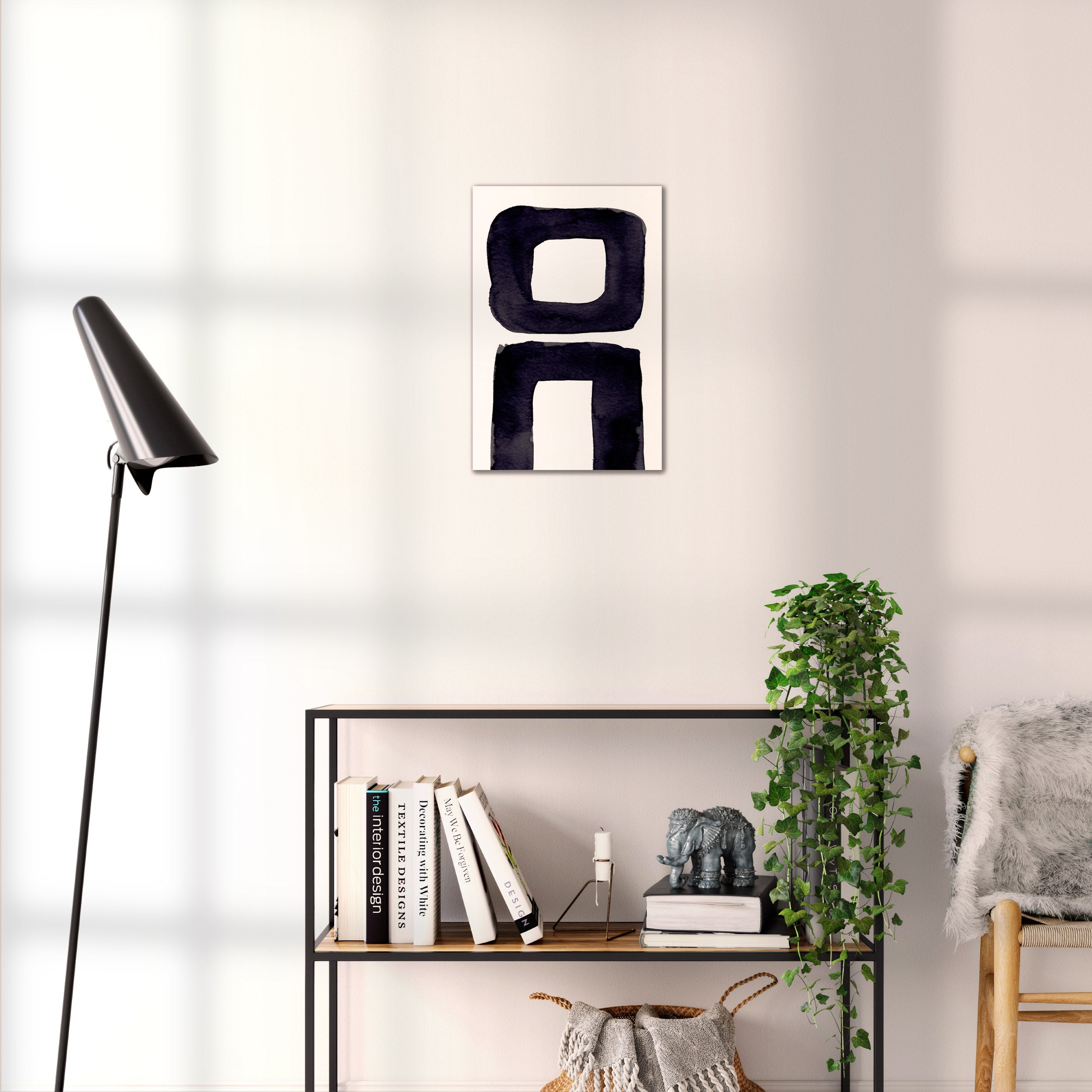 Composition in Ink 21 black ink, 30×45 cm giclée art print shown to scale in a home interior – abstract minimalist wall art, portrait format, Open Wall Studio Studies in Ink
