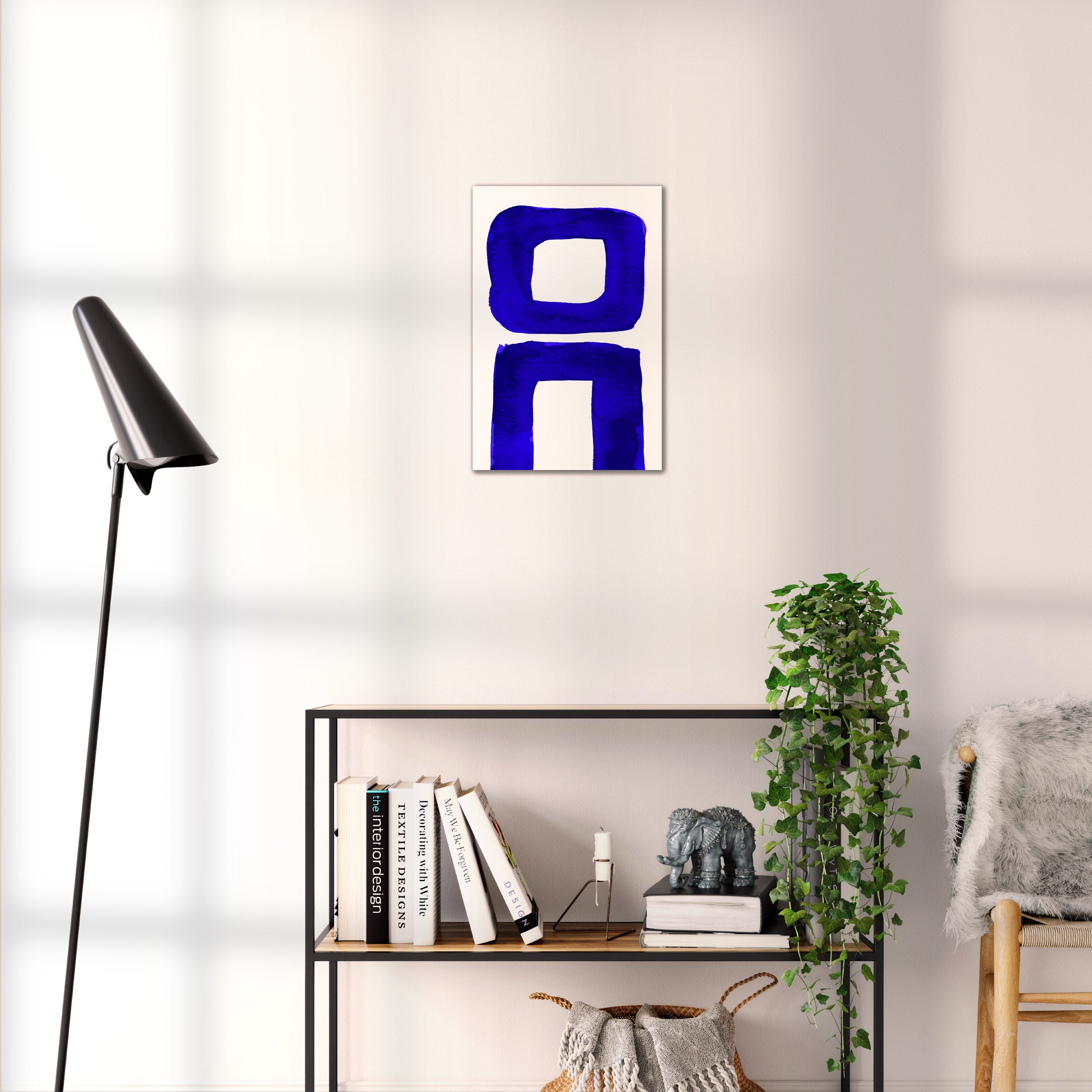 Composition in Ink 21 blue ink, 30×45 cm giclée art print shown to scale in a home interior – abstract minimalist wall art, portrait format, Open Wall Studio Studies in Ink