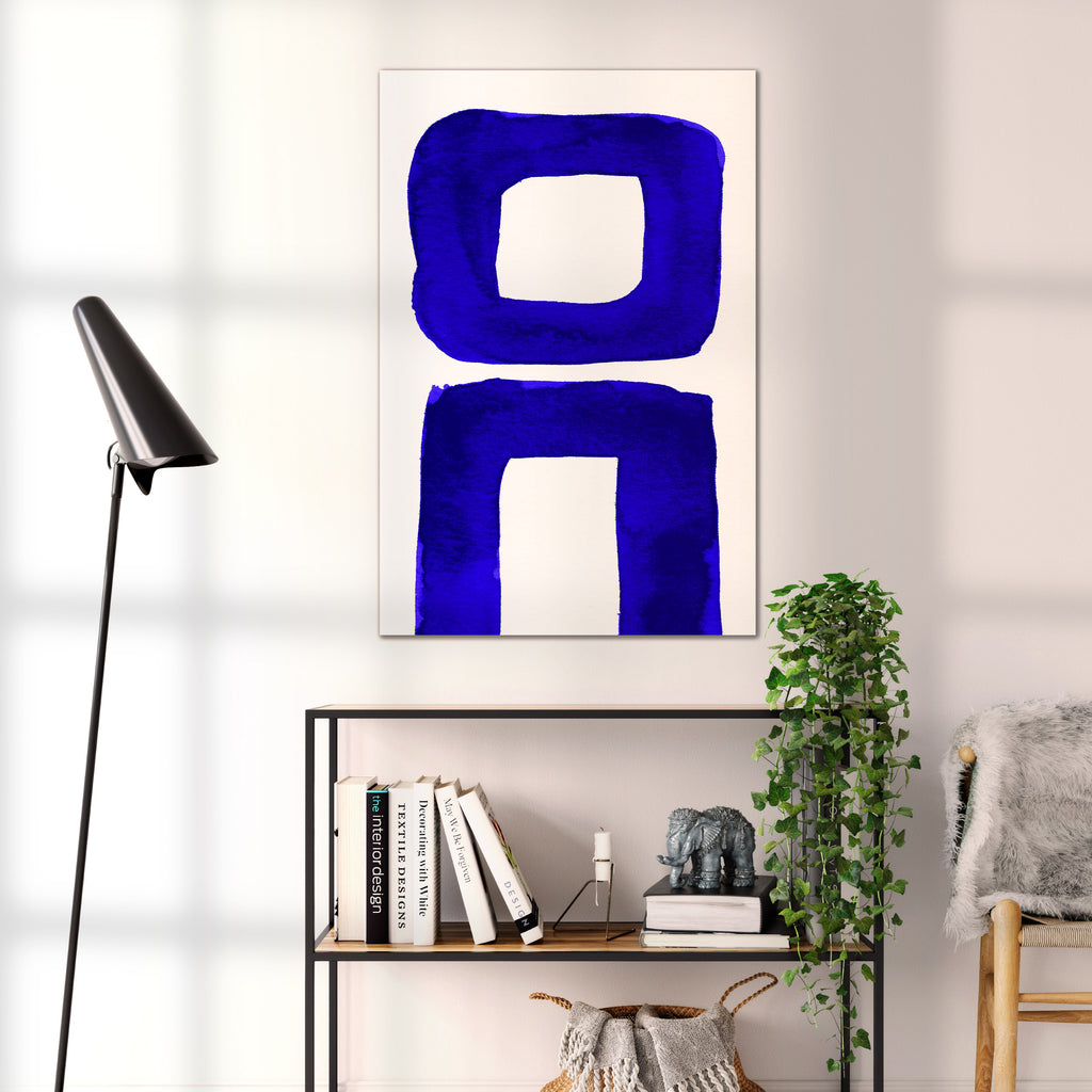 Composition in Ink 21 blue ink, 60×90 cm giclée art print shown to scale in a home interior – abstract minimalist wall art, portrait format, Open Wall Studio Studies in Ink