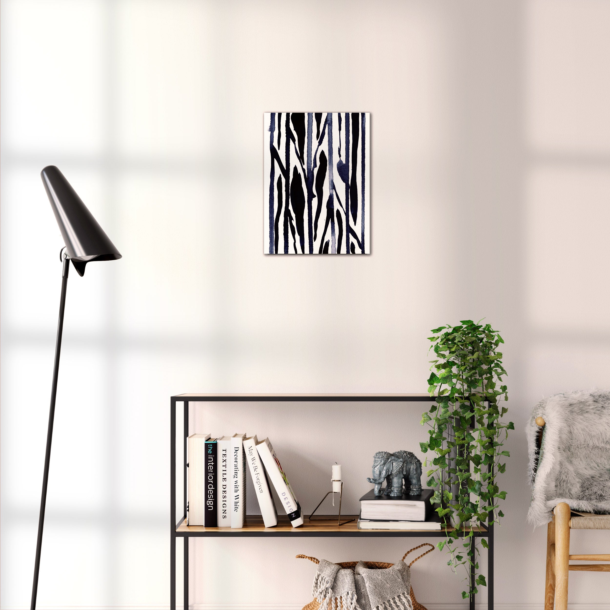 Composition in Ink 22 black ink, 30×40 cm giclée art print shown to scale in a home interior – abstract minimalist wall art, portrait format, Open Wall Studio Studies in Ink