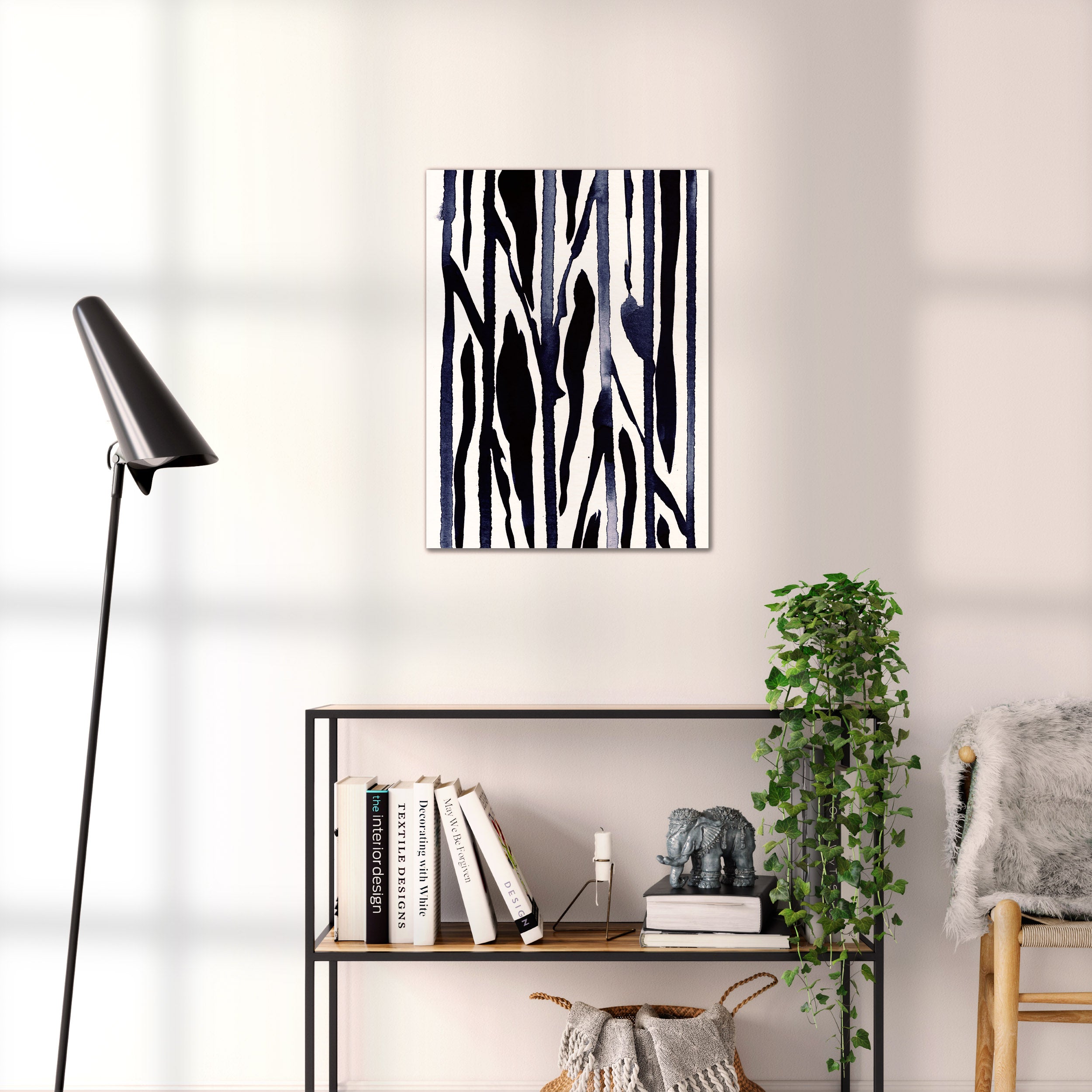 Composition in Ink 22 black ink, 45×60 cm giclée art print shown to scale in a home interior – abstract minimalist wall art, portrait format, Open Wall Studio Studies in Ink
