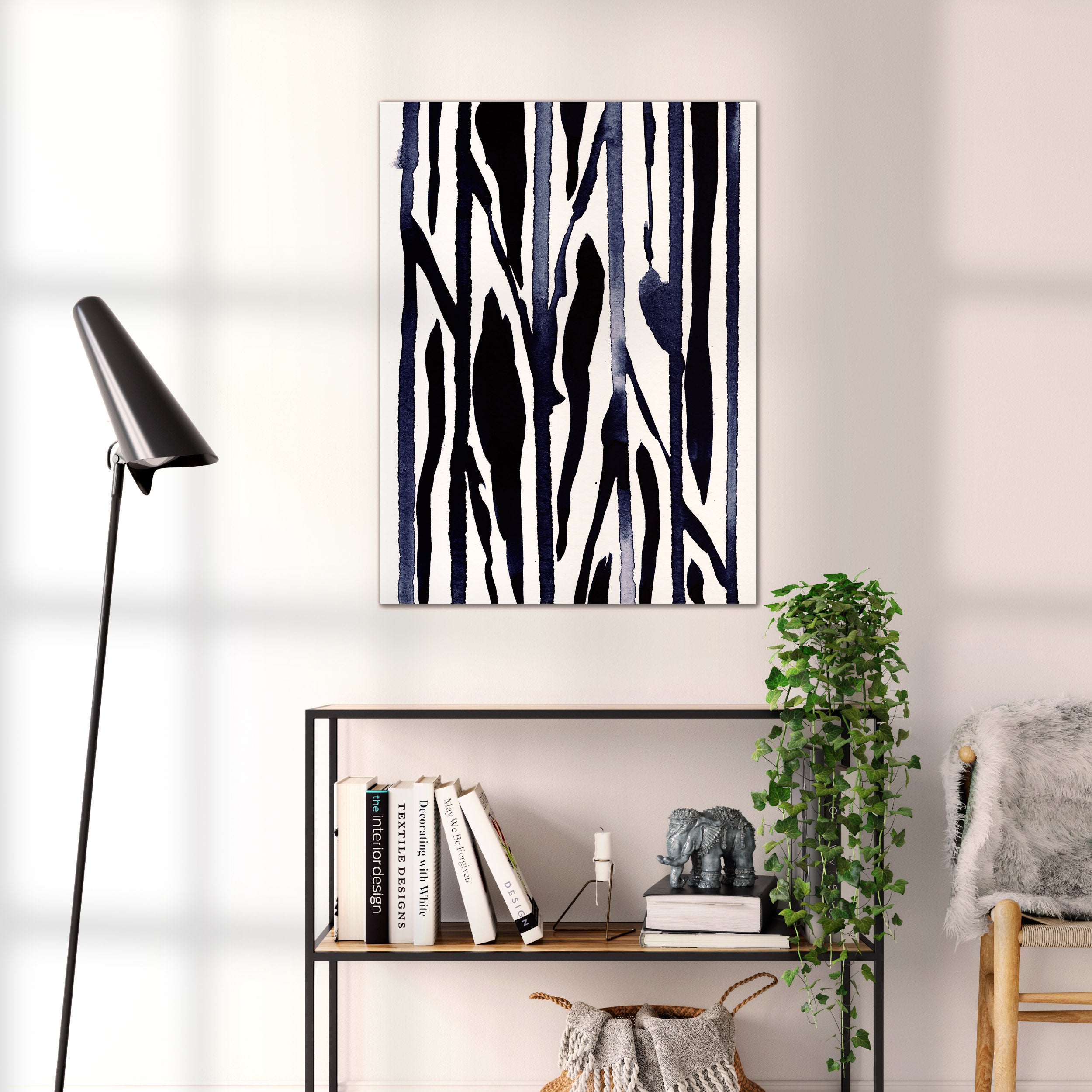Composition in Ink 22 black ink, 60×80 cm giclée art print shown to scale in a home interior – abstract minimalist wall art, portrait format, Open Wall Studio Studies in Ink