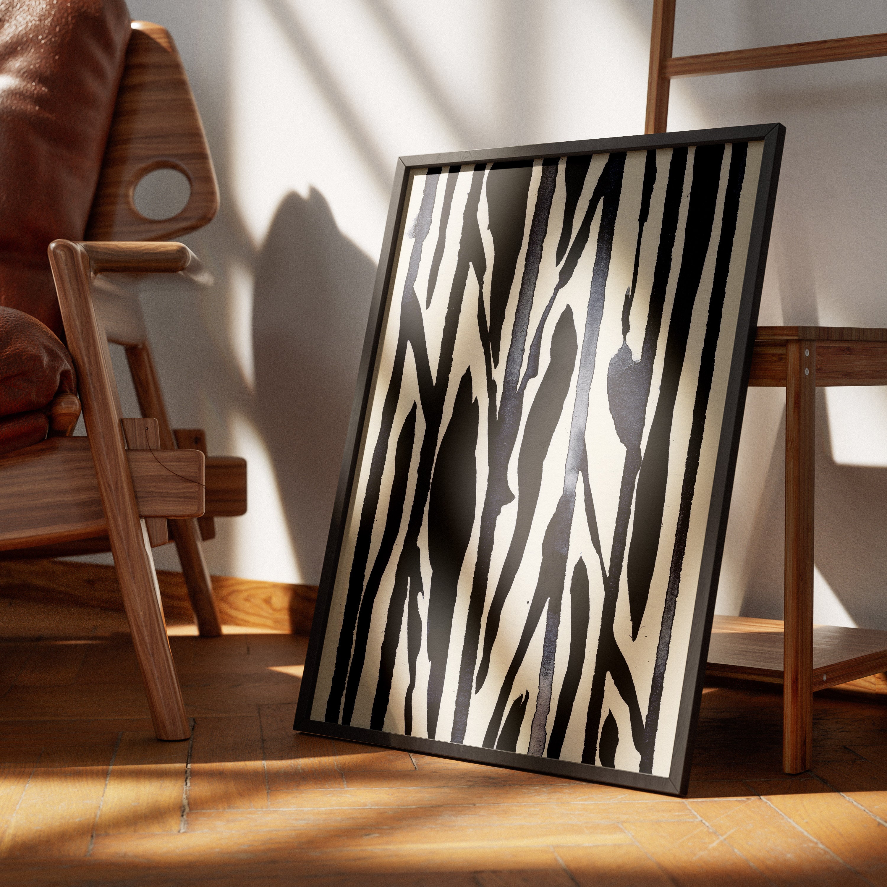 Composition in Ink 22 in black ink displayed in a modern interior, room mockup view two – abstract giclée wall art, 45×60 cm, portrait format, Open Wall Studio