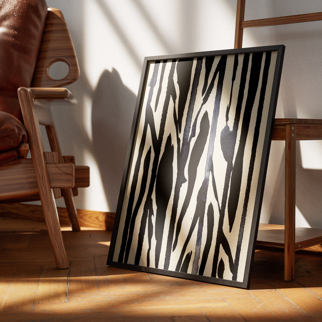 Composition in Ink 22 in black ink displayed in a modern interior, room mockup view two – abstract giclée wall art, 60×80 cm, portrait format, Open Wall Studio