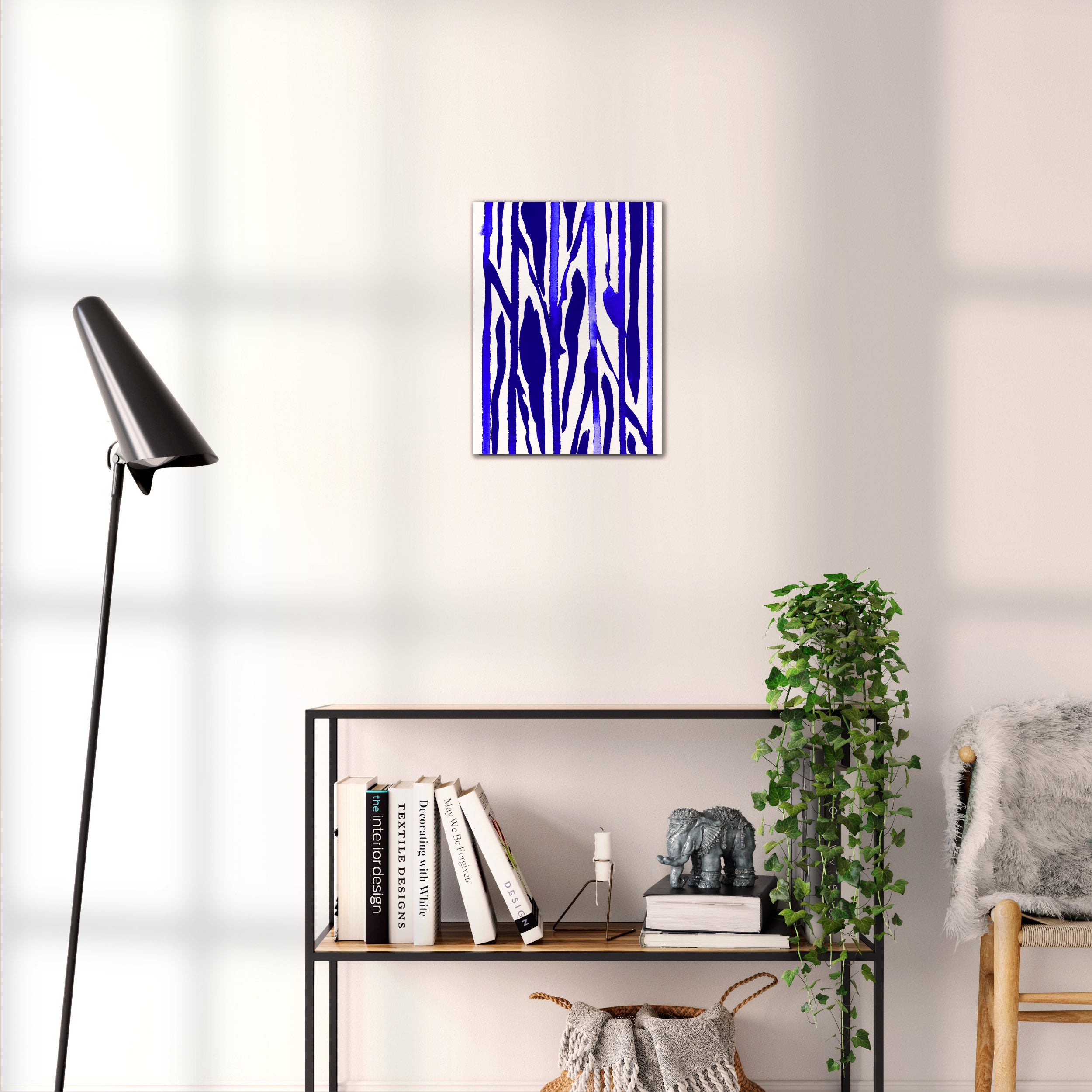 Composition in Ink 22 blue ink, 30×40 cm giclée art print shown to scale in a home interior – abstract minimalist wall art, portrait format, Open Wall Studio Studies in Ink