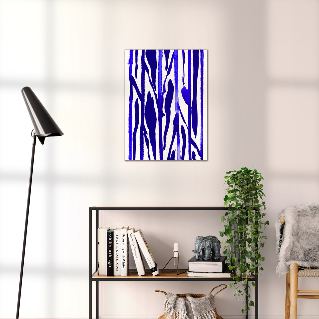 Composition in Ink 22 blue ink, 45×60 cm giclée art print shown to scale in a home interior – abstract minimalist wall art, portrait format, Open Wall Studio Studies in Ink