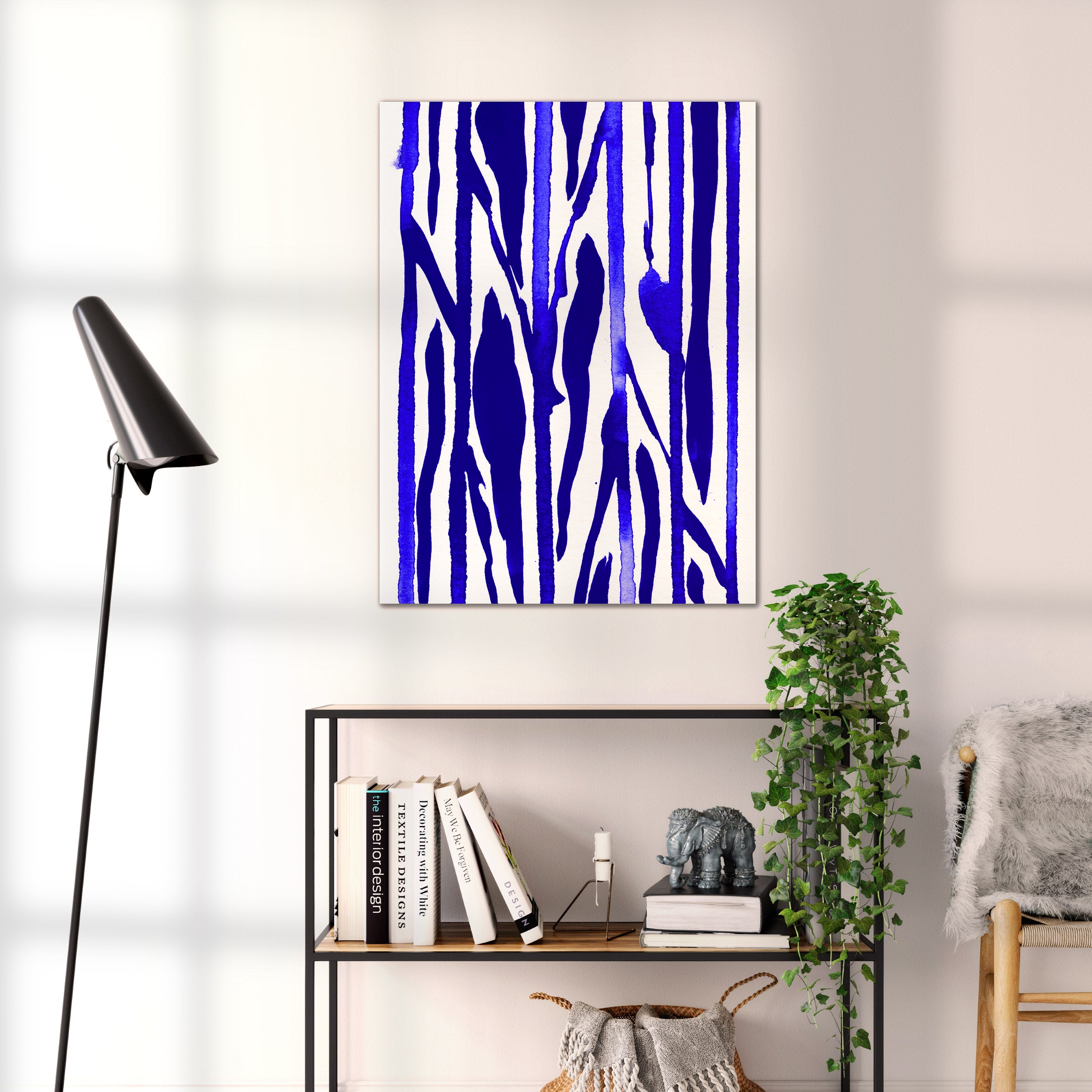Composition in Ink 22 blue ink, 60×80 cm giclée art print shown to scale in a home interior – abstract minimalist wall art, portrait format, Open Wall Studio Studies in Ink