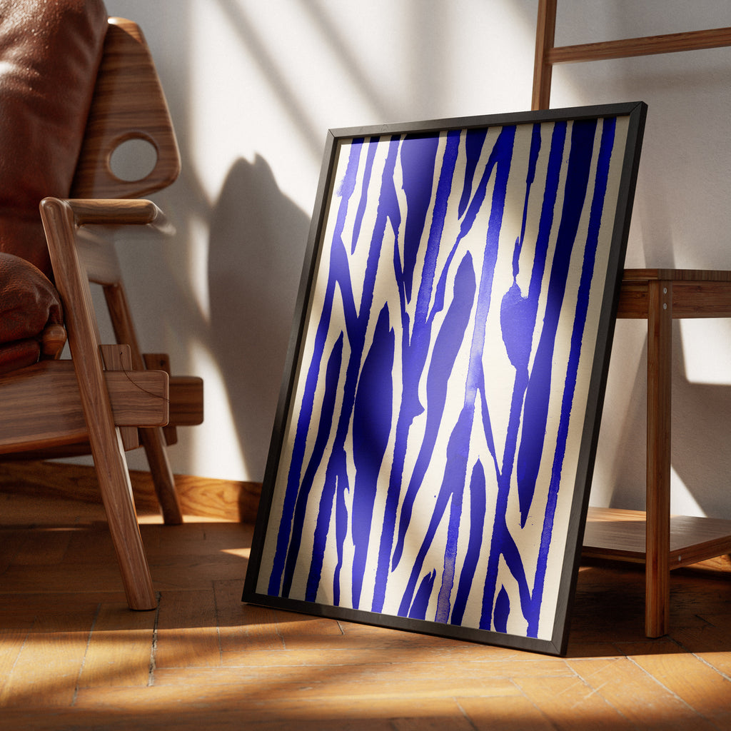 Composition in Ink 22 in blue ink displayed in a modern interior, room mockup view one – abstract giclée wall art, 45×60 cm, portrait format, Open Wall Studio
