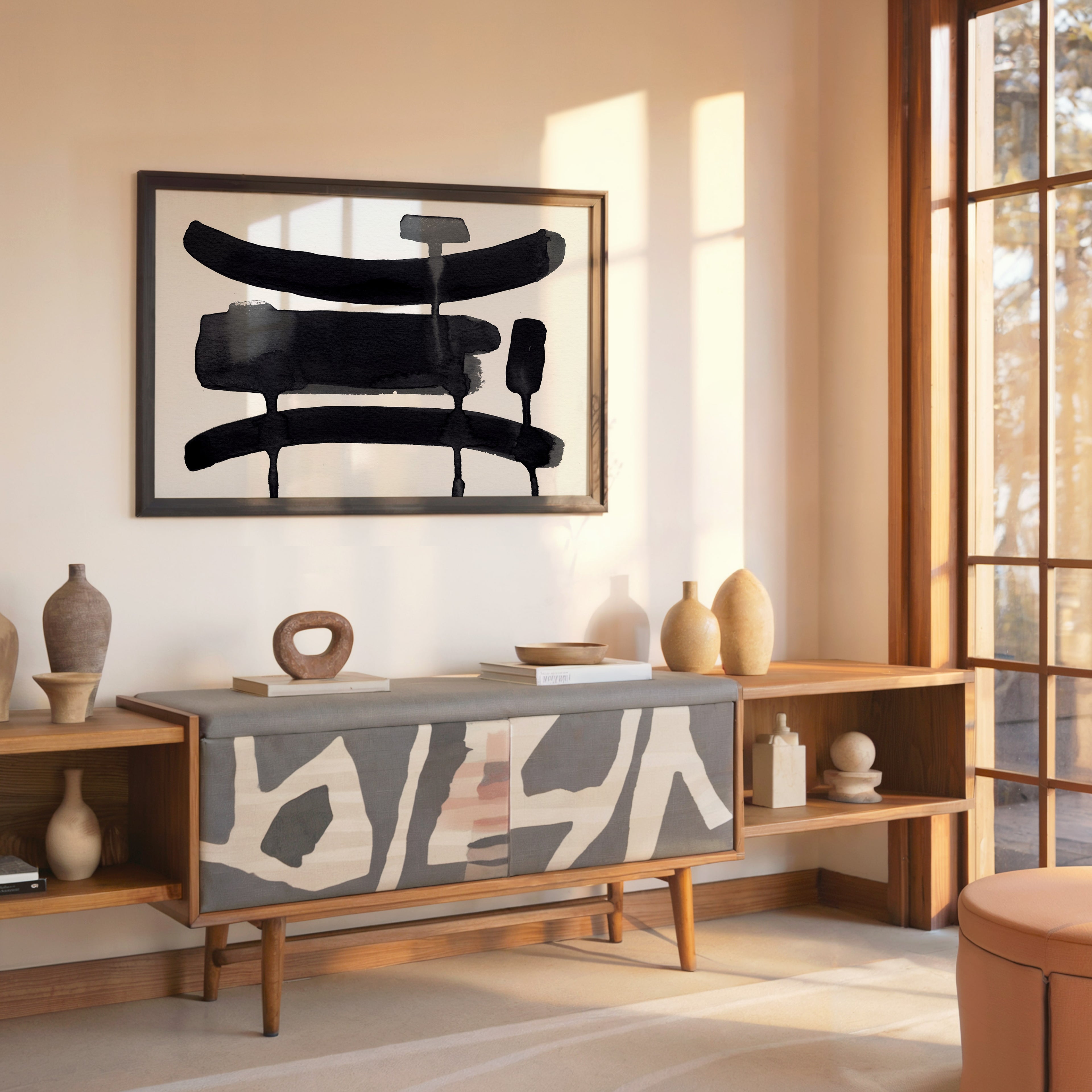 Composition in Ink 09 in black ink displayed in a modern interior, room mockup view two – abstract giclée wall art, 45×30 cm, landscape format, Open Wall Studio