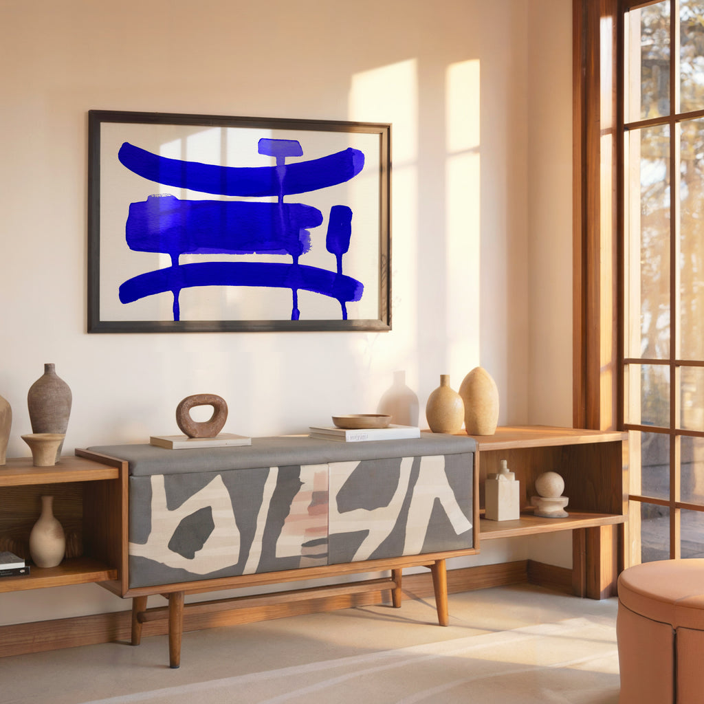 Composition in Ink 09 in blue ink displayed in a modern interior, room mockup view one – abstract giclée wall art, 45×30 cm, landscape format, Open Wall Studio