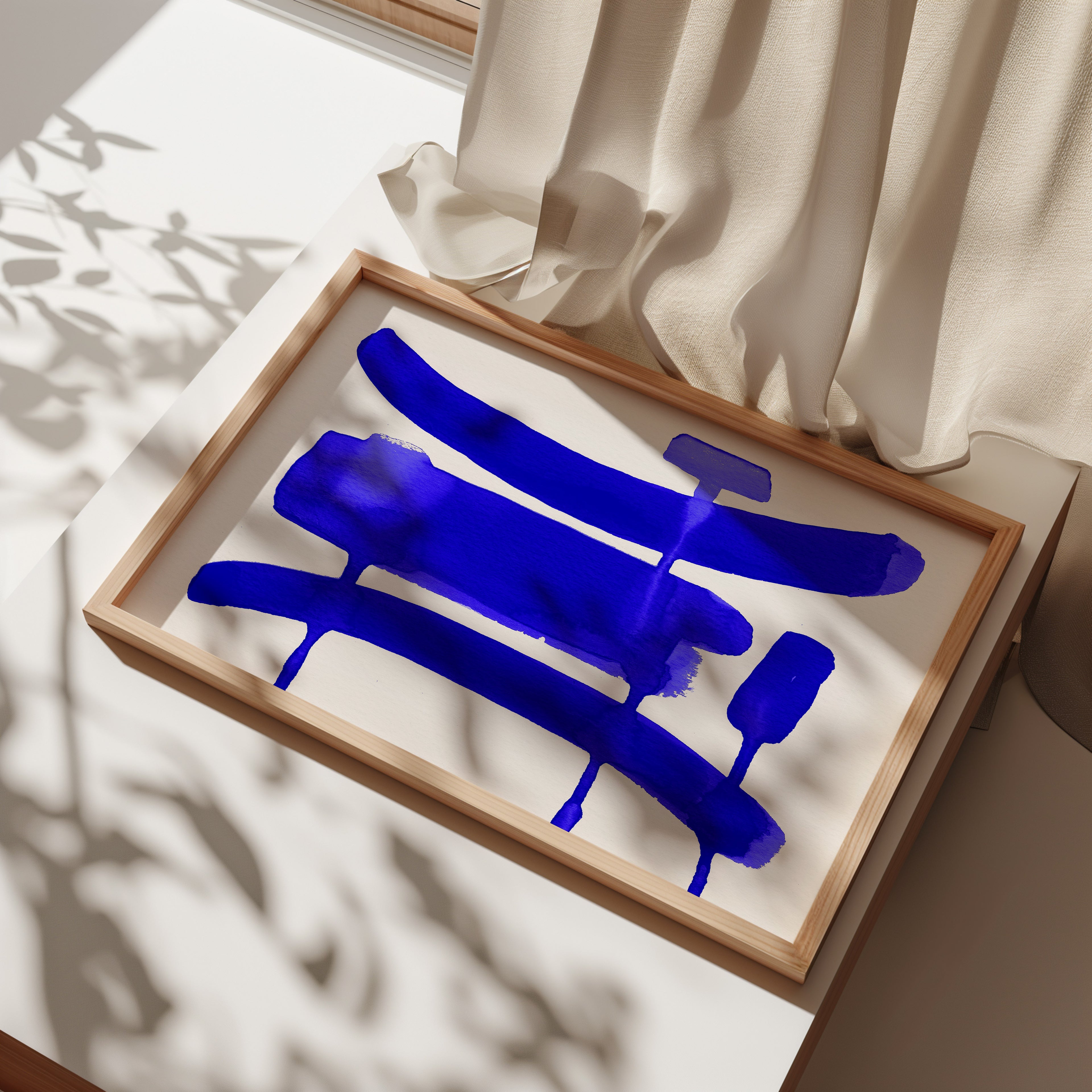 Composition in Ink 09 in blue ink displayed in a modern interior, room mockup view two – abstract giclée wall art, 45×30 cm, landscape format, Open Wall Studio