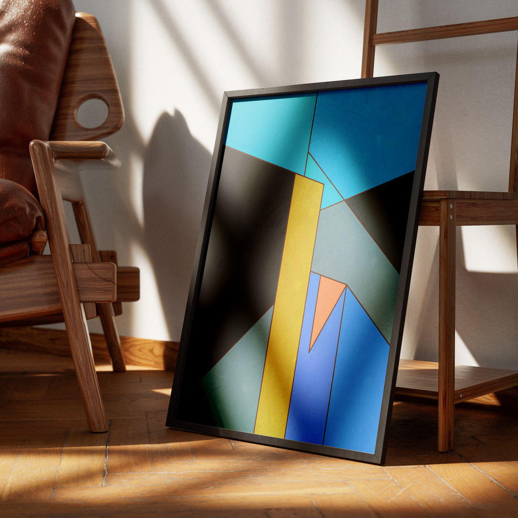 Constructed Fields 01 – abstract geometric colour-field art print displayed in a modern interior setting, styled on a floor. Minimalist contemporary wall art for home or office decor.