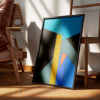 Constructed Fields 01 – abstract geometric colour-field art print displayed in a modern interior setting, styled on a floor. Minimalist contemporary wall art for home or office decor.