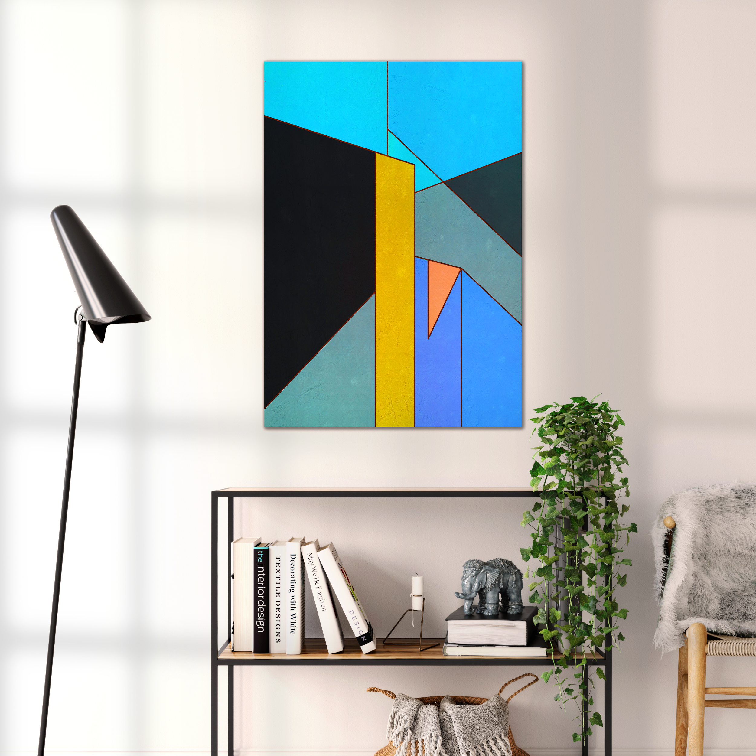 Constructed Fields 01 – geometric abstract art print shown to scale in a contemporary living space. Modern colour-field wall art available in A3, A2, or A1 sizes.