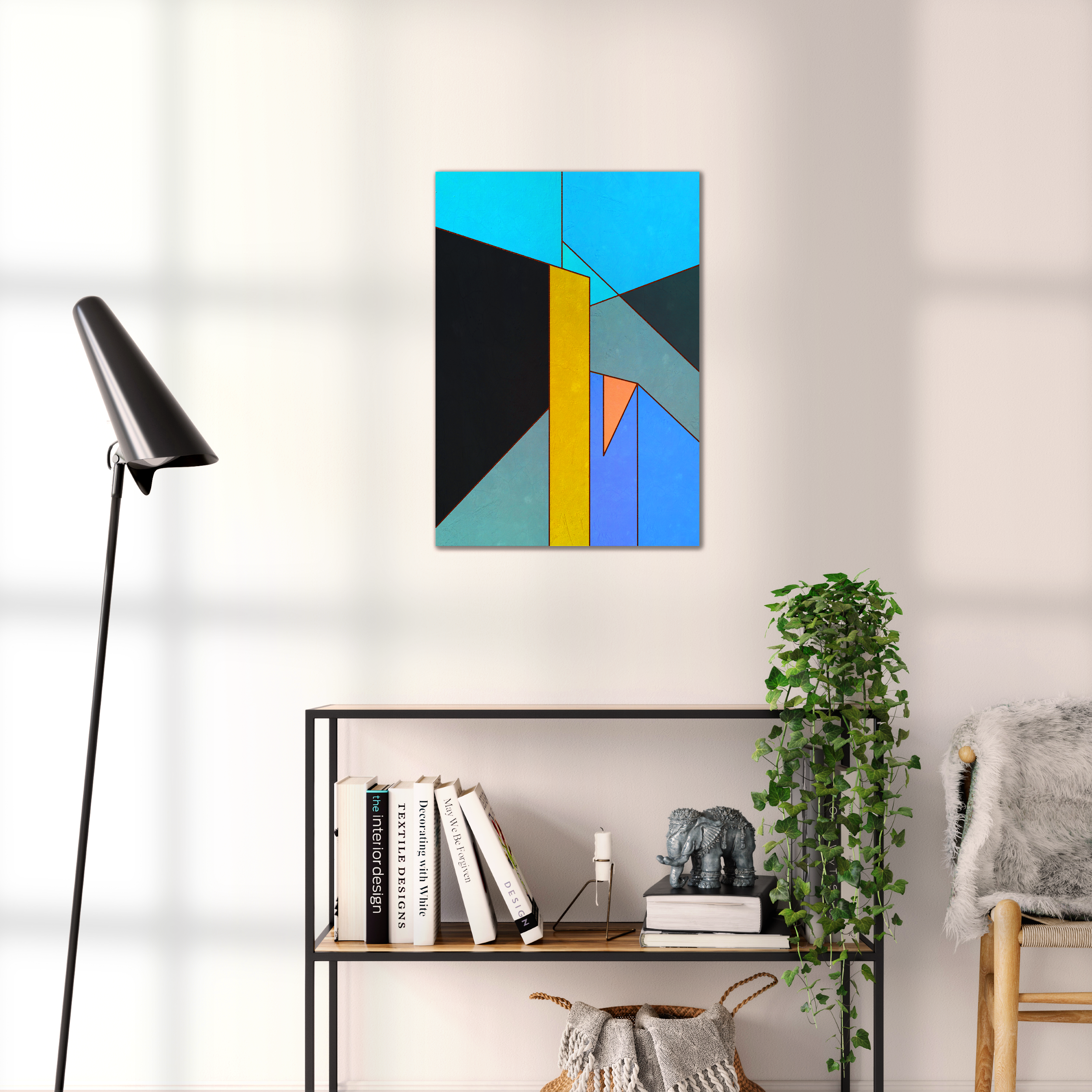 Constructed Fields 01 – geometric abstract art print shown to scale in a contemporary living space. Modern colour-field wall art available in A3, A2, or A1 sizes.