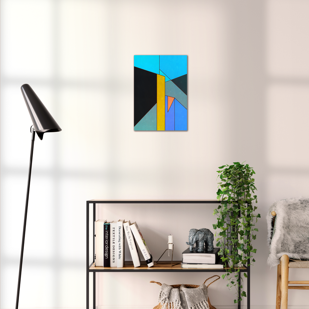 Constructed Fields 01 – geometric abstract art print shown to scale in a contemporary living space. Modern colour-field wall art available in A3, A2, or A1 sizes.
