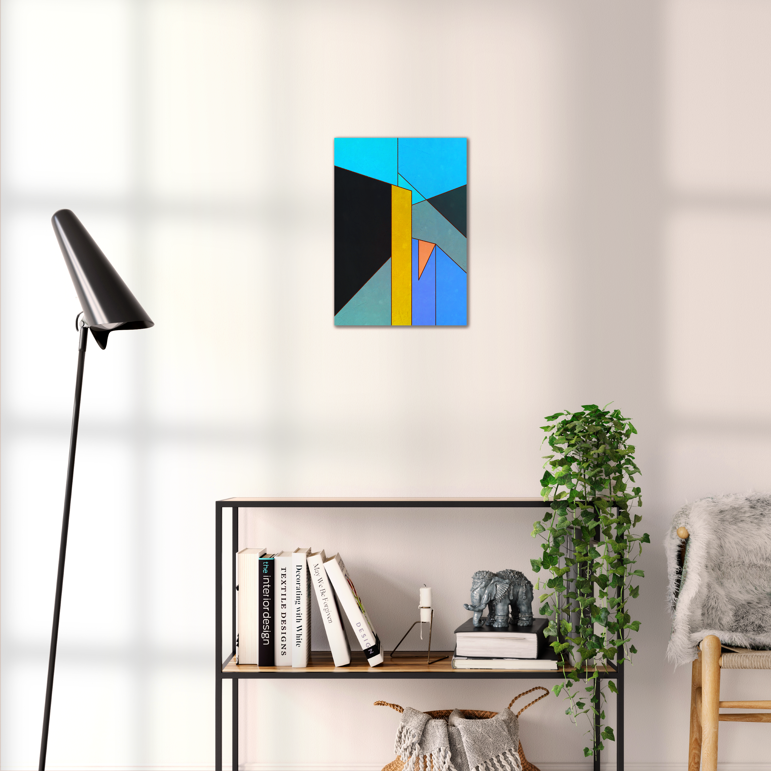 Constructed Fields 01 – geometric abstract art print shown to scale in a contemporary living space. Modern colour-field wall art available in A3, A2, or A1 sizes.