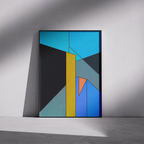 Constructed Fields 01 – framed abstract geometric art print in neutral minimalist setting. Modern colour-field wall decor printed with archival pigment inks on Hahnemühle German Etching paper.