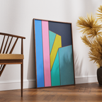 Constructed Fields 02 – abstract geometric colour-field art print displayed in a modern interior setting, styled on a floor. Minimalist contemporary wall art for home or office decor.