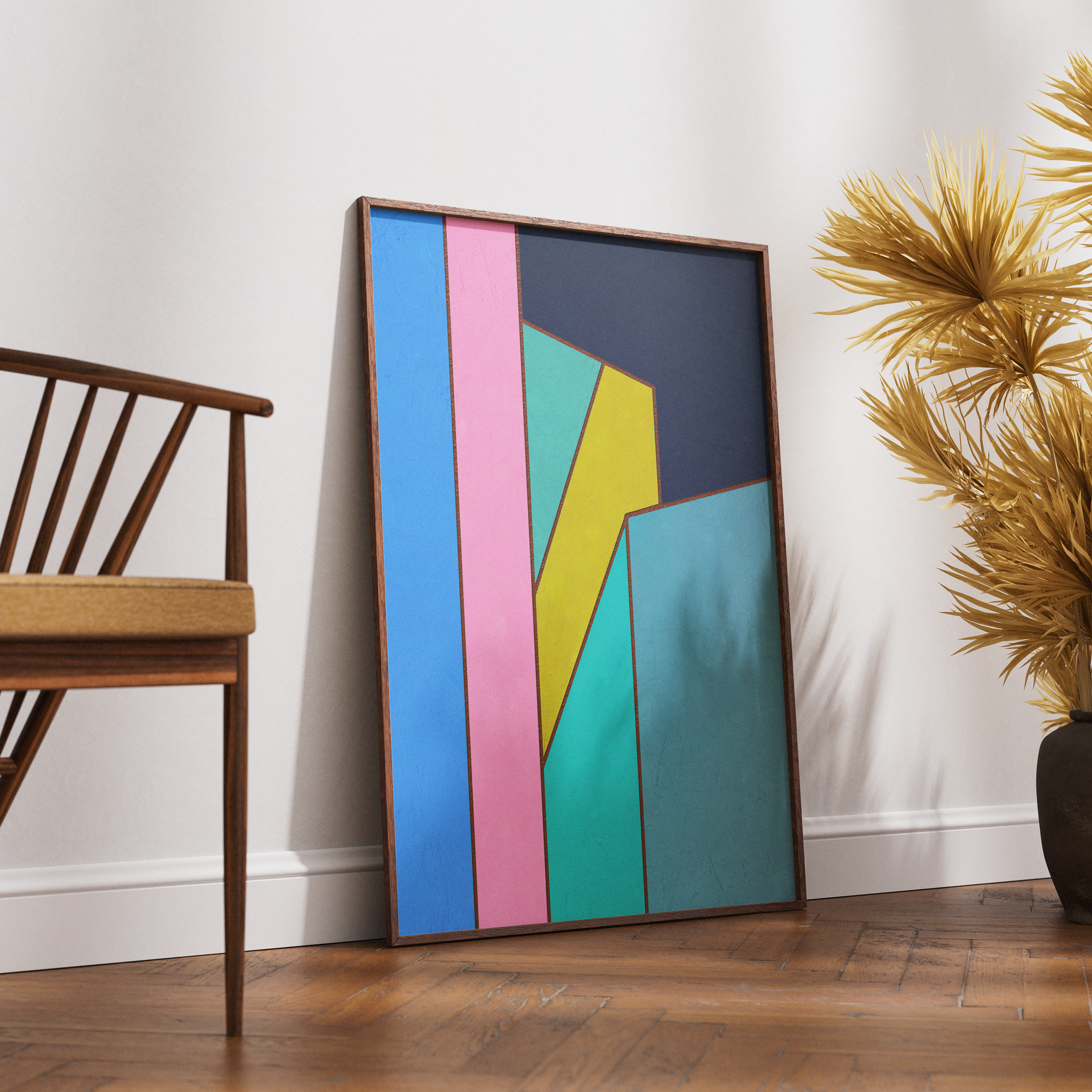 Constructed Fields 02 – abstract geometric colour-field art print displayed in a modern interior setting, styled on a floor. Minimalist contemporary wall art for home or office decor.
