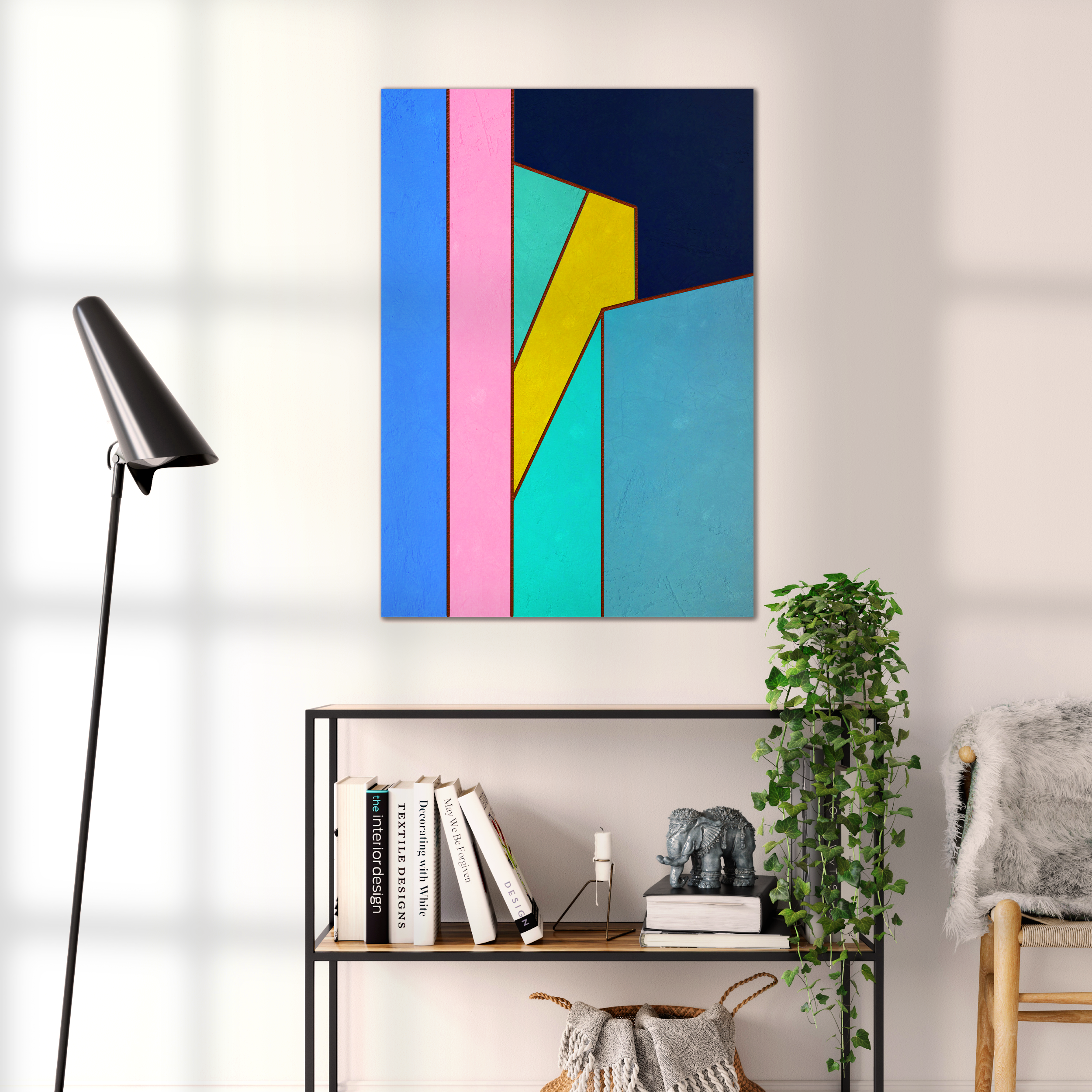 Constructed Fields 02 – geometric abstract art print shown to scale in a contemporary living space. Modern colour-field wall art available in A3, A2, or A1 sizes.