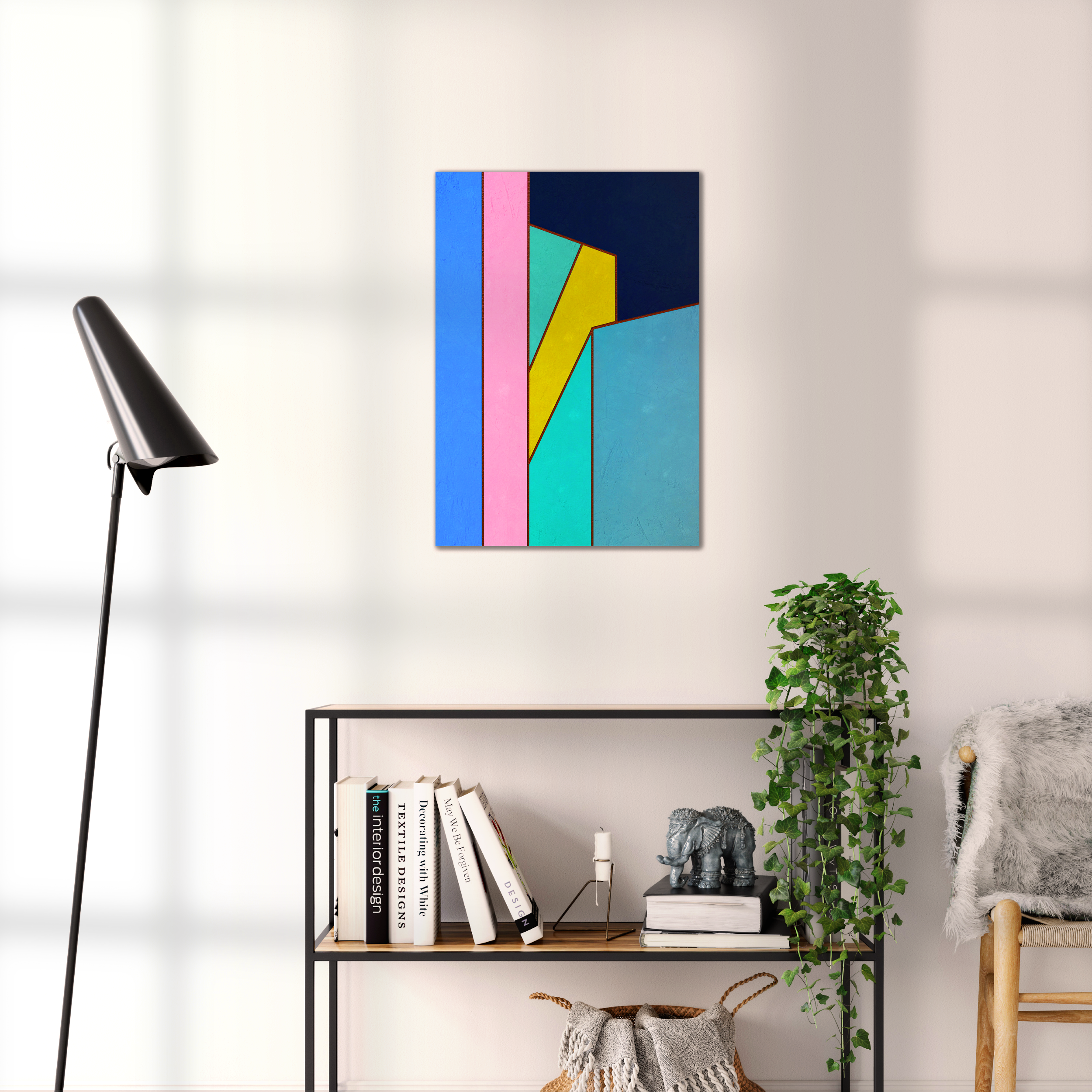 Constructed Fields 02 – geometric abstract art print shown to scale in a contemporary living space. Modern colour-field wall art available in A3, A2, or A1 sizes.