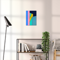 Constructed Fields 02 – geometric abstract art print shown to scale in a contemporary living space. Modern colour-field wall art available in A3, A2, or A1 sizes.