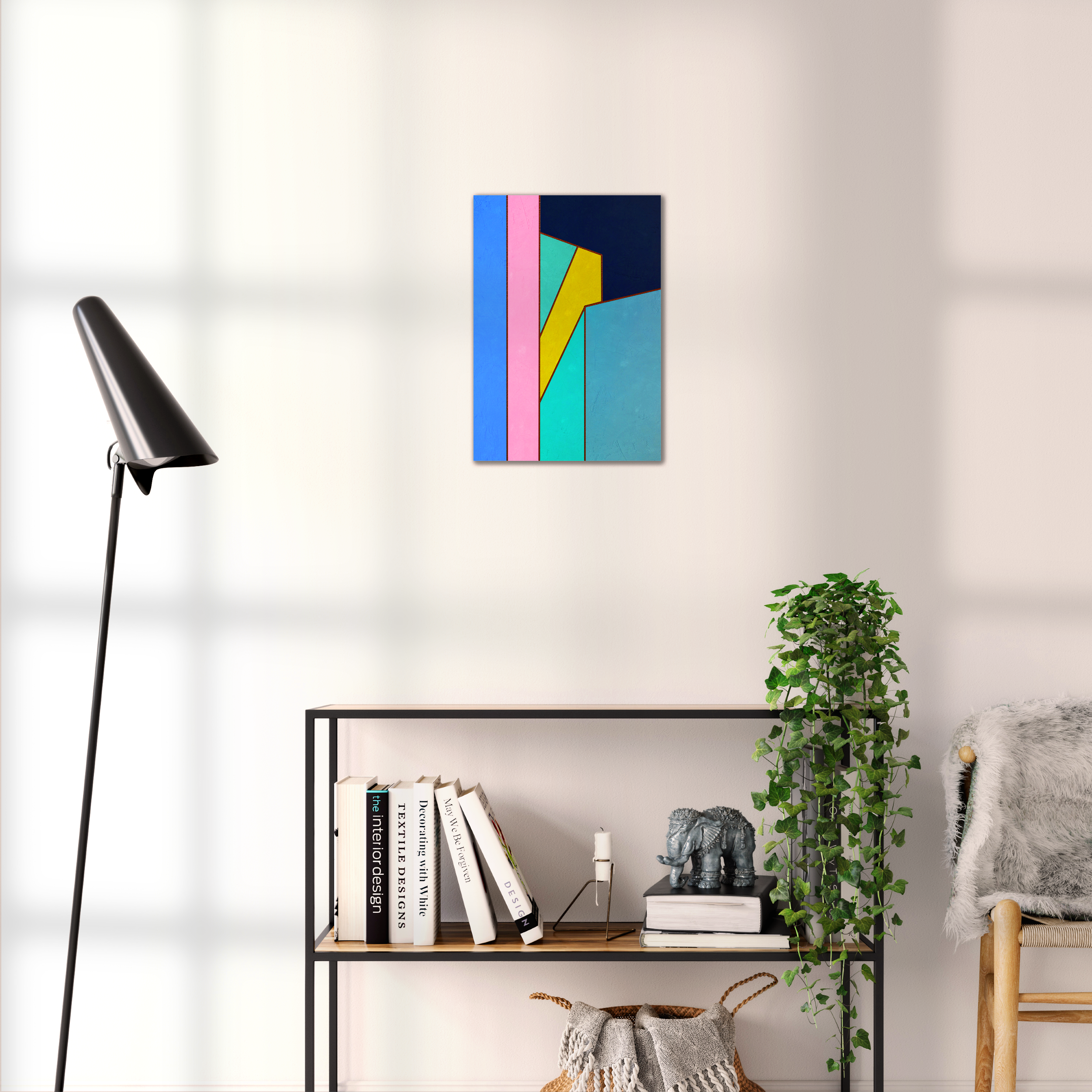 Constructed Fields 02 – geometric abstract art print shown to scale in a contemporary living space. Modern colour-field wall art available in A3, A2, or A1 sizes.
