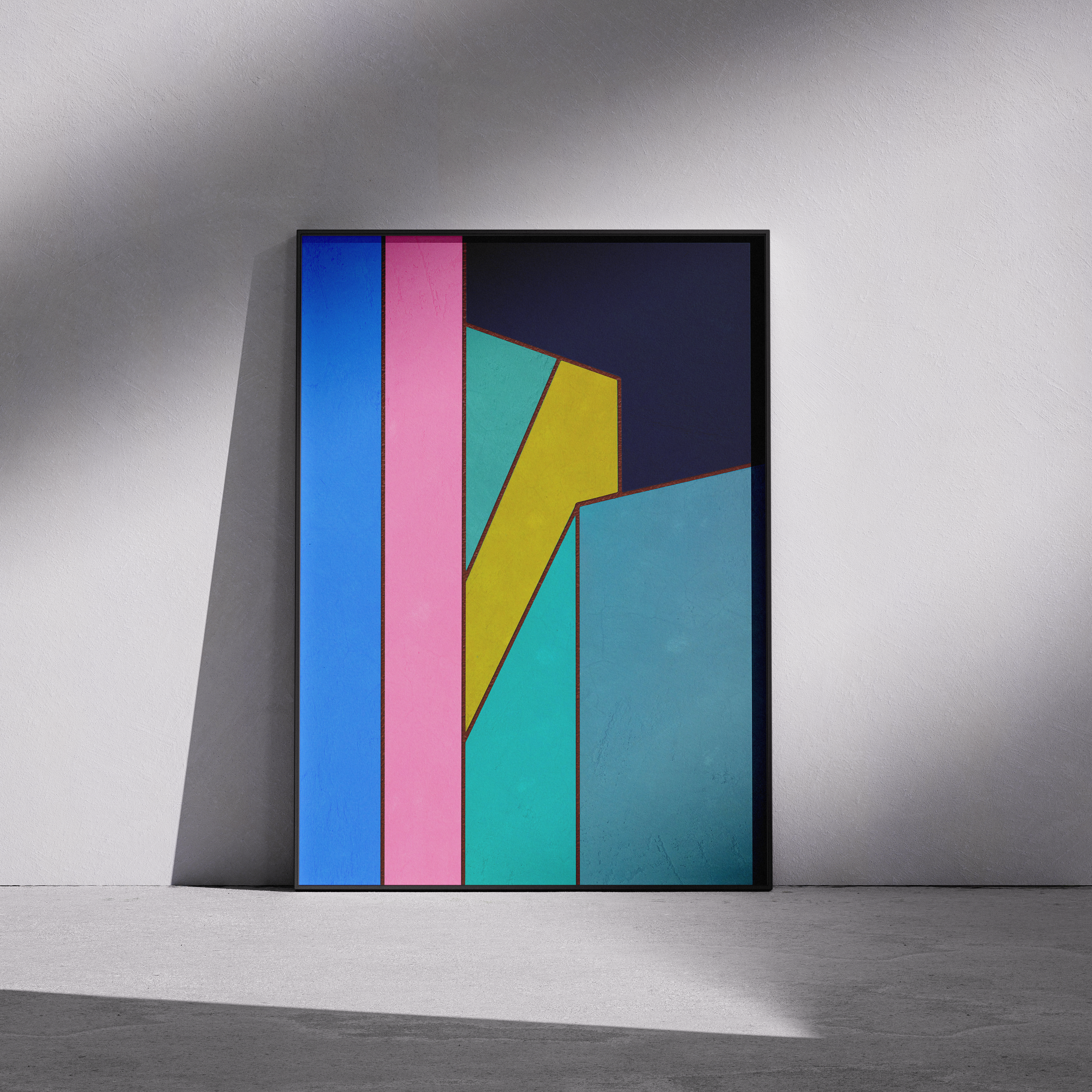 Constructed Fields 02 – framed abstract geometric art print in neutral minimalist setting. Modern colour-field wall decor printed with archival pigment inks on Hahnemühle German Etching paper.
