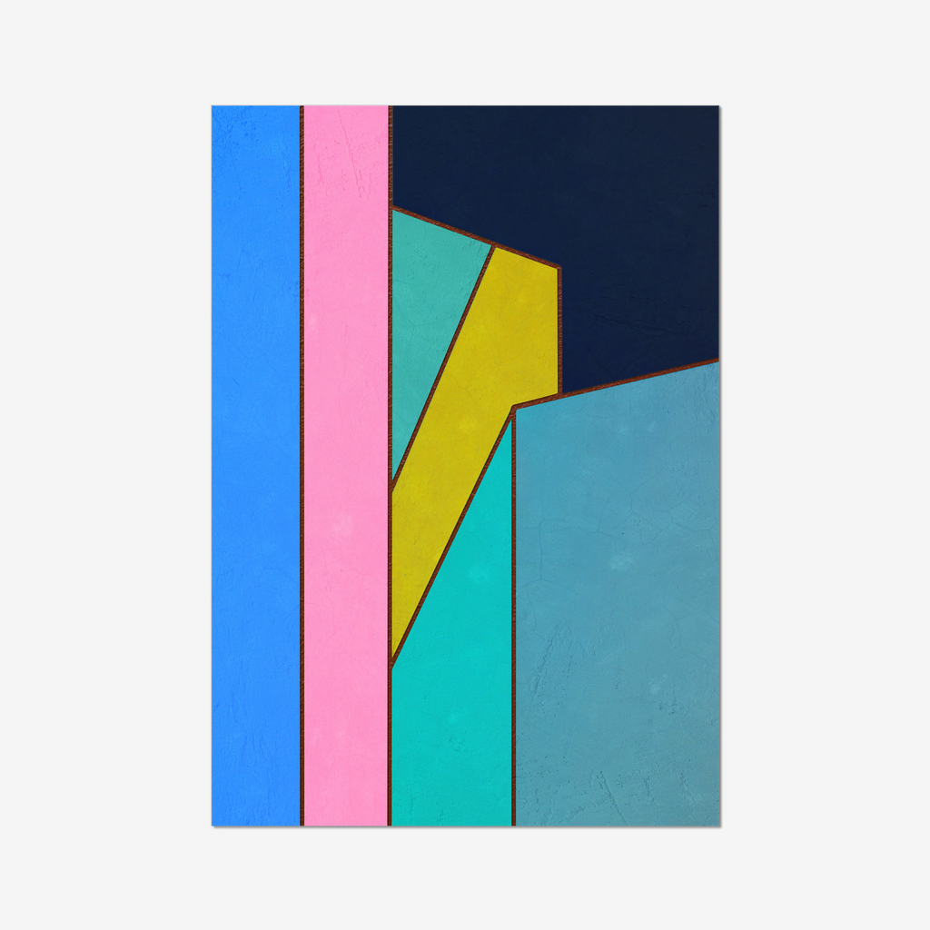 Constructed Fields 02 – abstract geometric colour-field composition featuring structured shapes and balanced colour fields on white background. Fine art giclée print available in multiple sizes.