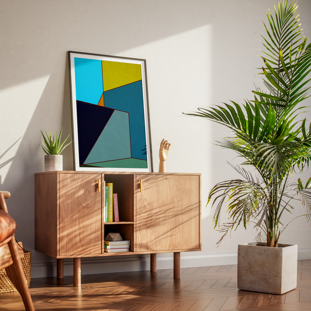 Constructed Fields 03 – abstract geometric colour-field art print displayed in a modern interior setting, styled on a dresser. Minimalist contemporary wall art for home or office decor.