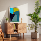 Constructed Fields 03 – abstract geometric colour-field art print displayed in a modern interior setting, styled on a dresser. Minimalist contemporary wall art for home or office decor.